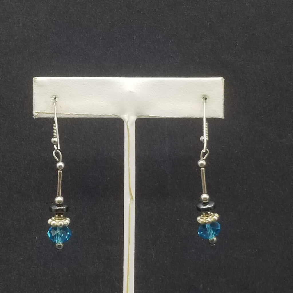 Pierced Earrings Silver tone Blue Faceted Crystal Hematite Bead Dangle 1 1/4"