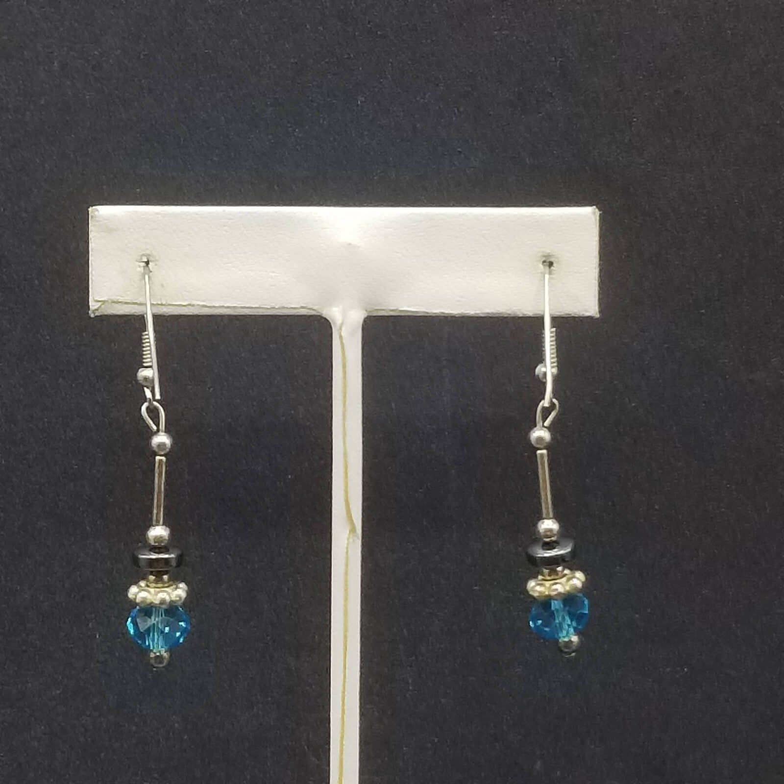 Pierced Earrings Silver tone Blue Faceted Crystal Hematite Bead Dangle 1 1/4"
