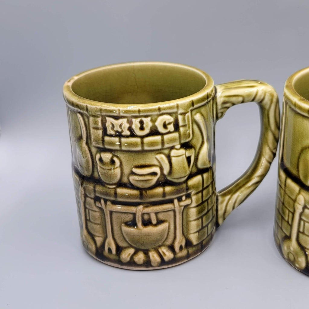 Vintage Japan Coffee Mug Cup Set of 2 Green Glaze MCM