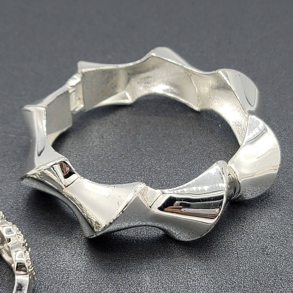 Lot of 2 Clamper Hinged Bracelets Silver Tone Womens Jewelry Rhinestone