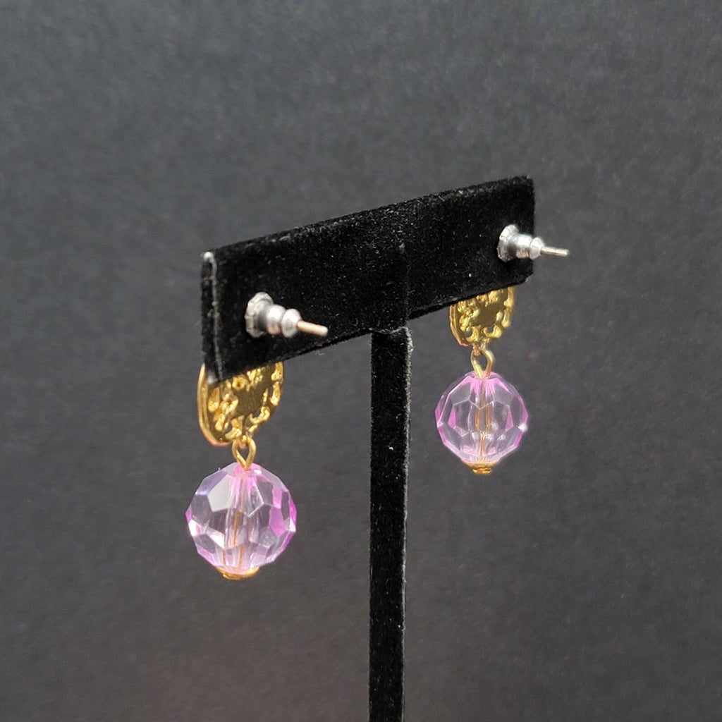 Pierced Earrings Gold tone Purple Plastic Bead Dangle 1.25"