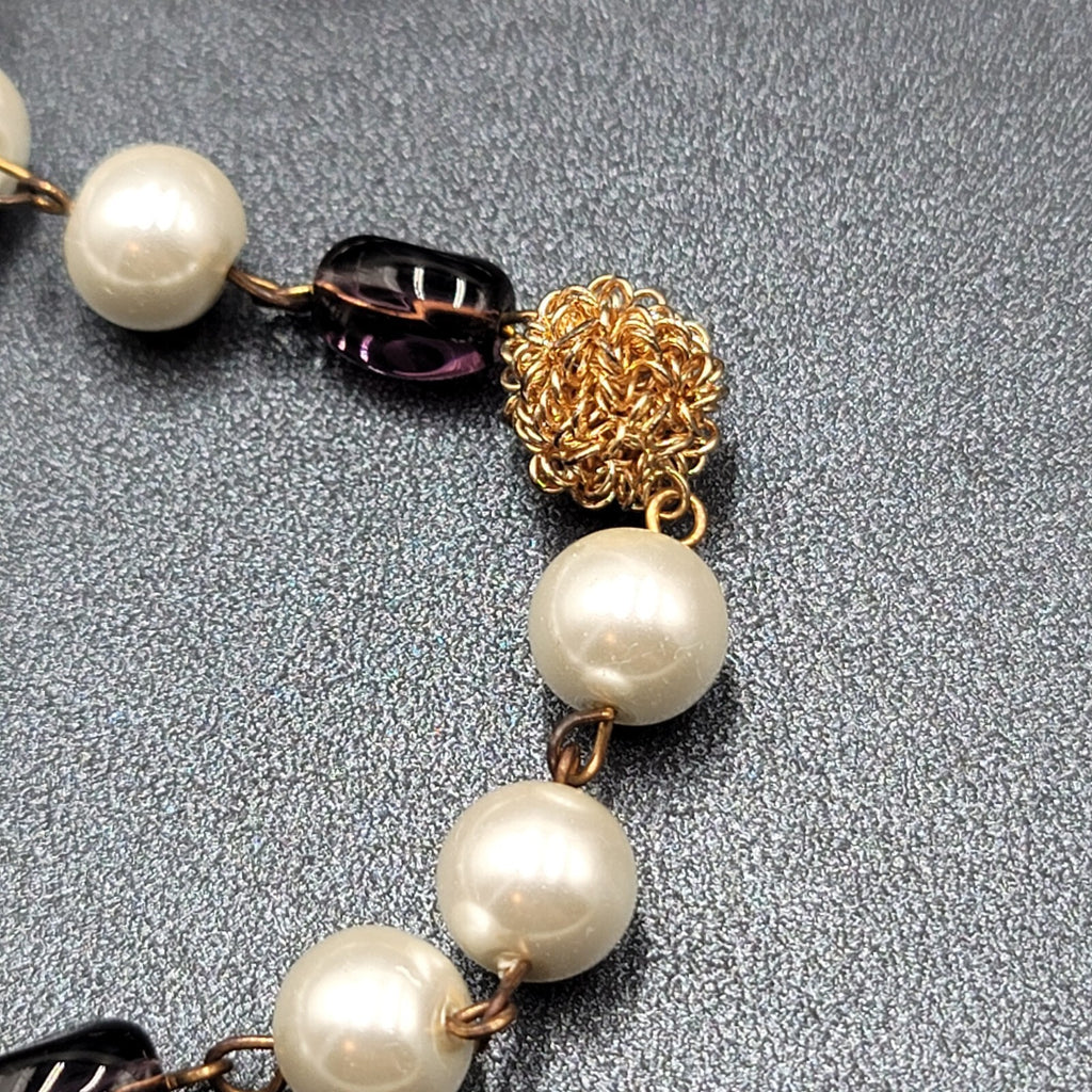 Long Necklace Faux Pearl Gold tone Wire Amethyst and Glass Beads 40"