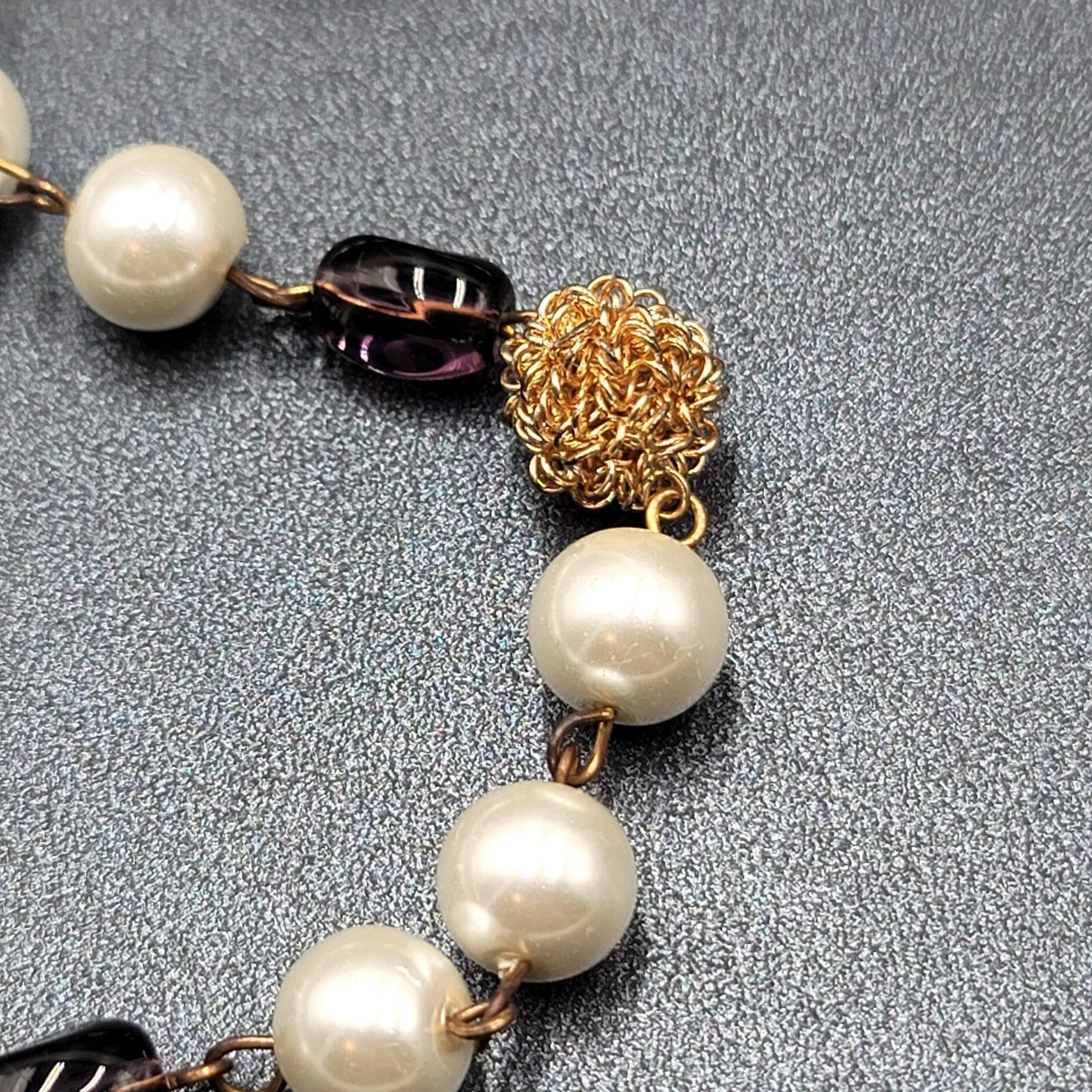 Long Necklace Faux Pearl Gold tone Wire Amethyst and Glass Beads 40"
