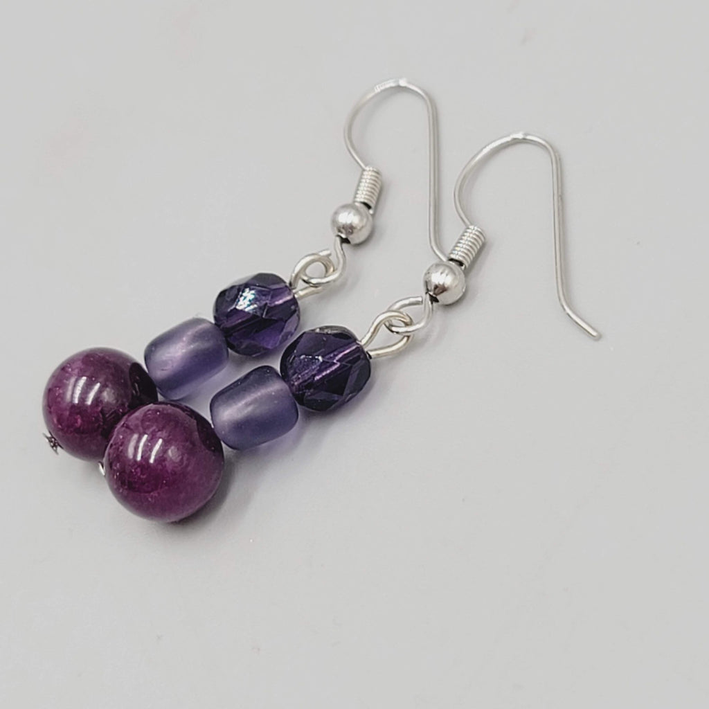 Amethyst and Purple Glass Pierced Earrings  Silver tone Dangle 1"