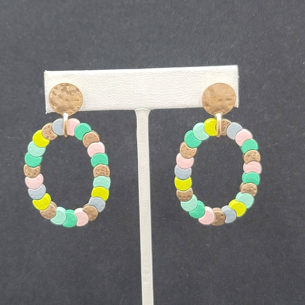 Pierced Earrings Gold tone Multicolor Strung Beads Hoop 2"