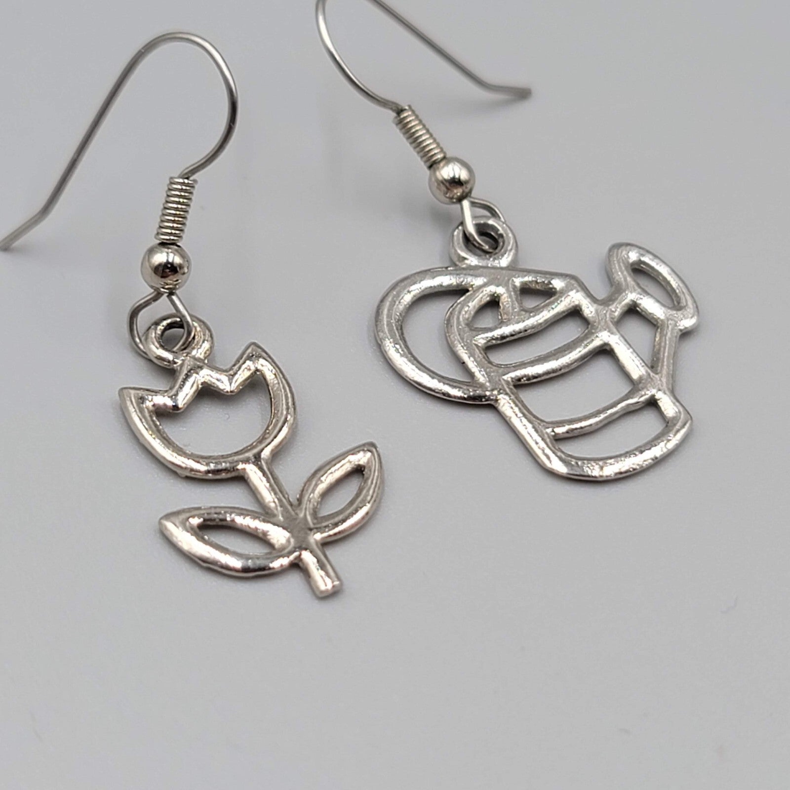 Gardener Pierced Earrings Garden Flower Watercan Silver tone Dangle 1"