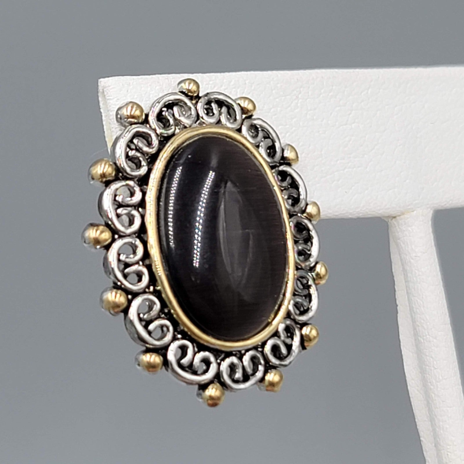 Dark Brown Cats Eye Cabochon Pierced Earrings Silver tone Oval Drop 1 1/8"
