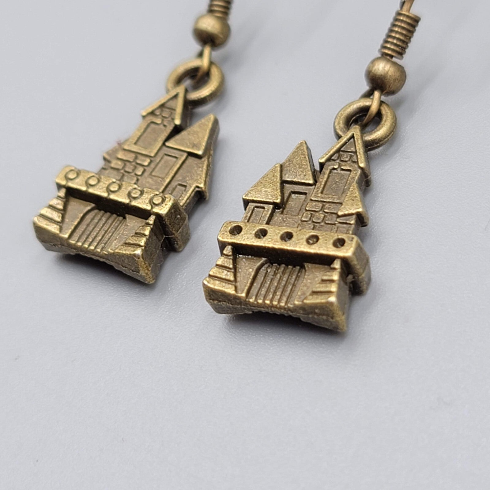 Castle House Pierced Earrings Bronze tone Embossed Dangle New 7/8"