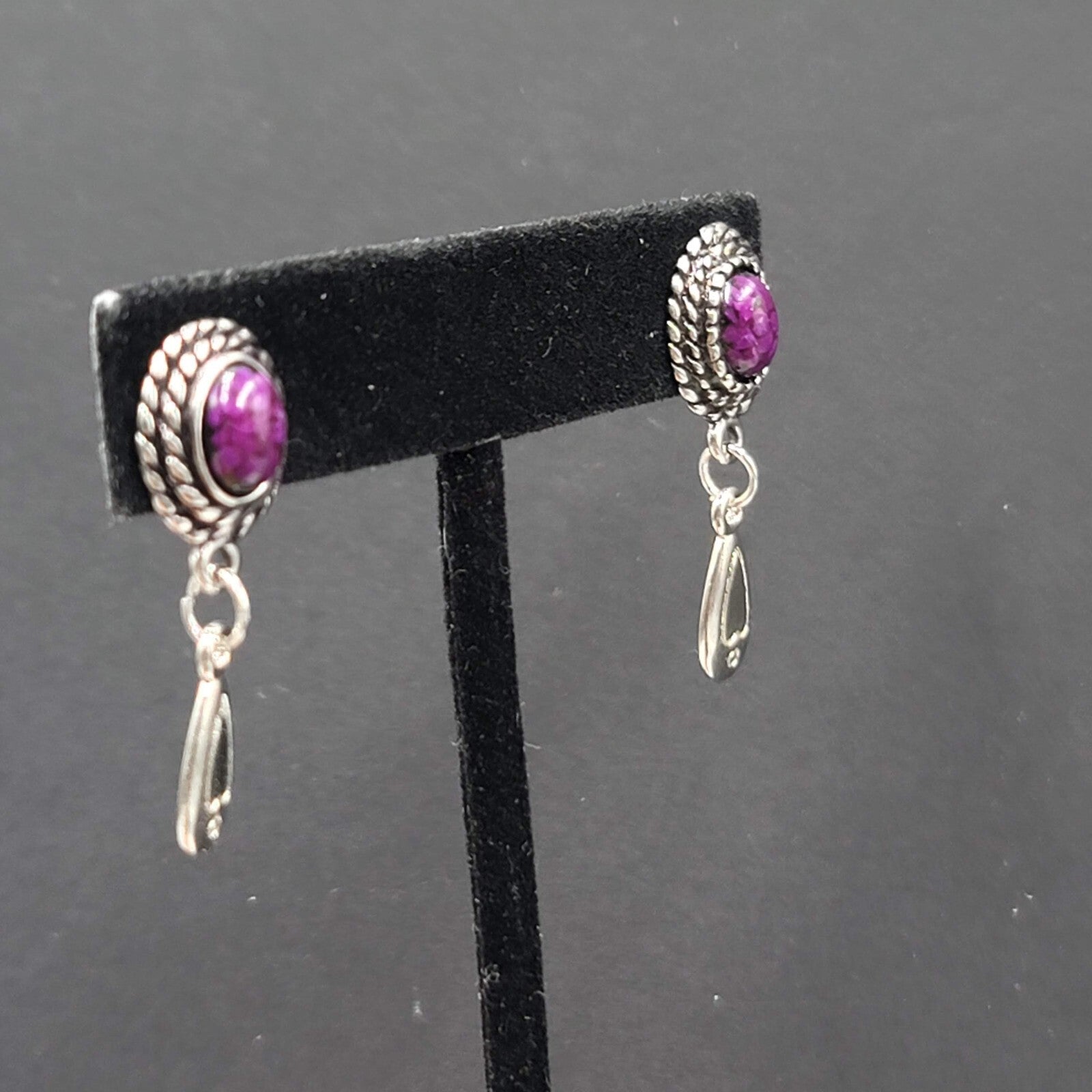 Vintage Pierced Earrings Silver tone Dangle Purple Cabochon 1.25"