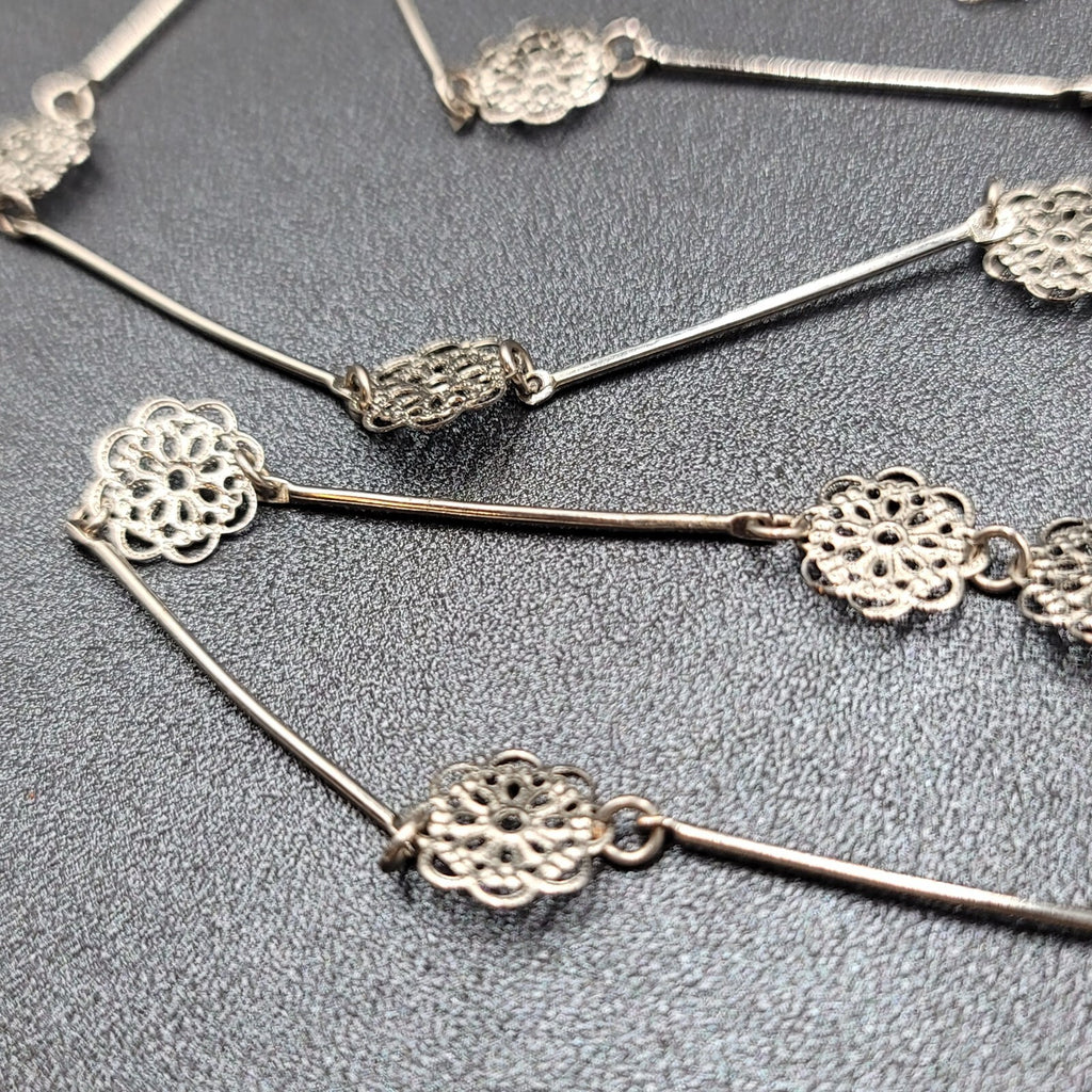 Vintage Necklace Silver tone Filigree Flower Station Chain Long 38"