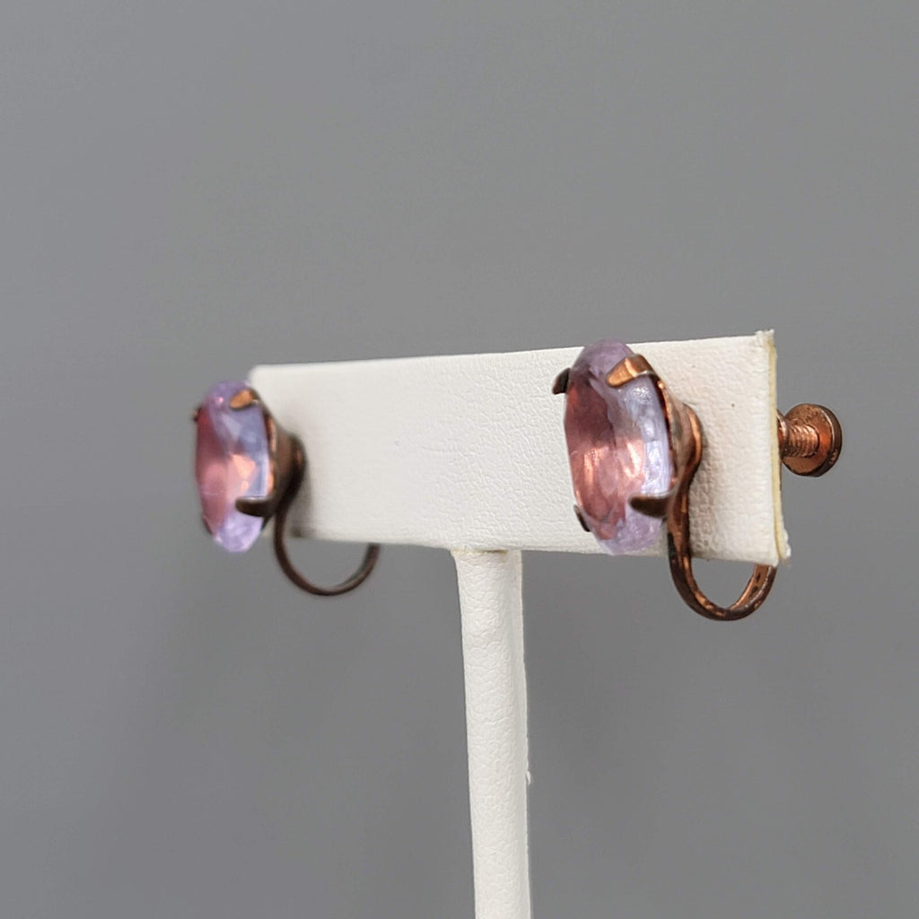 Vintage Clip on Earrings Bronze tone Purple Unknown Stud Screw Back 1/2"