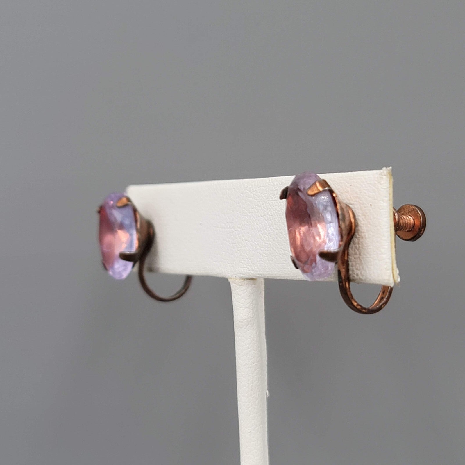 Vintage Clip on Earrings Bronze tone Purple Unknown Stud Screw Back 1/2"