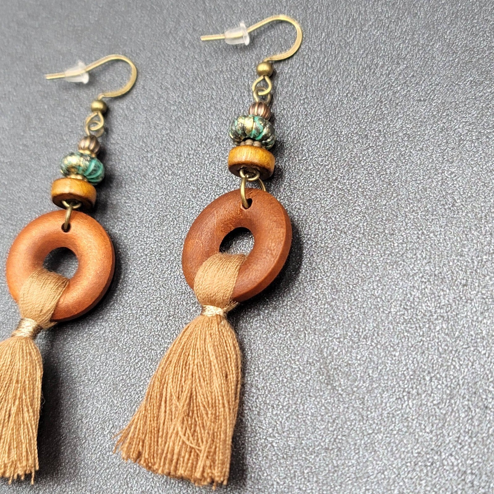 New Boho Pierced Earrings Bronze tone Wood Ring Tassel Dangle 2.25"