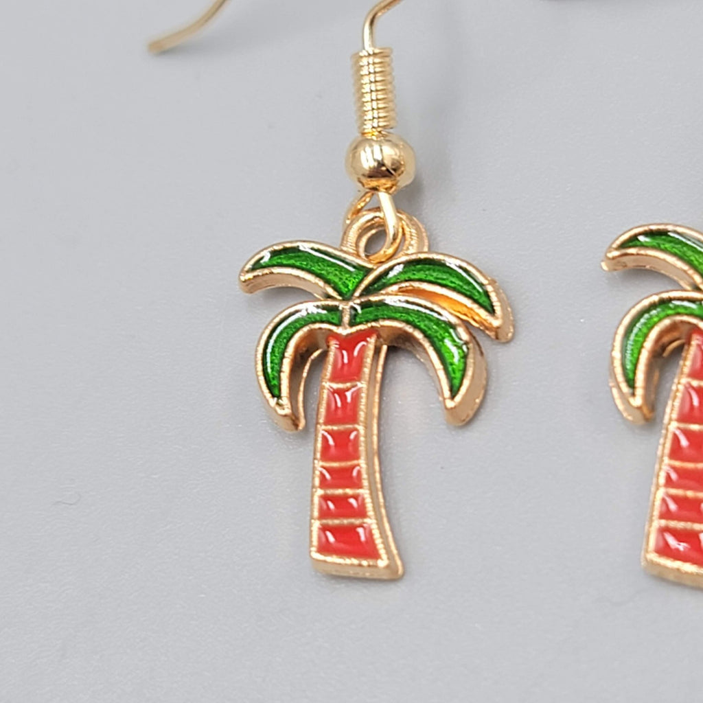 Enamel Palm Tree Pierced Earrings Gold tone Dangle Red Trunk 3/4"