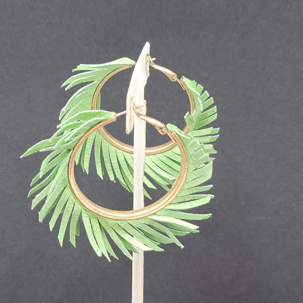 Pierced Earrings Green Fringe Gold tone Hoops Dangle