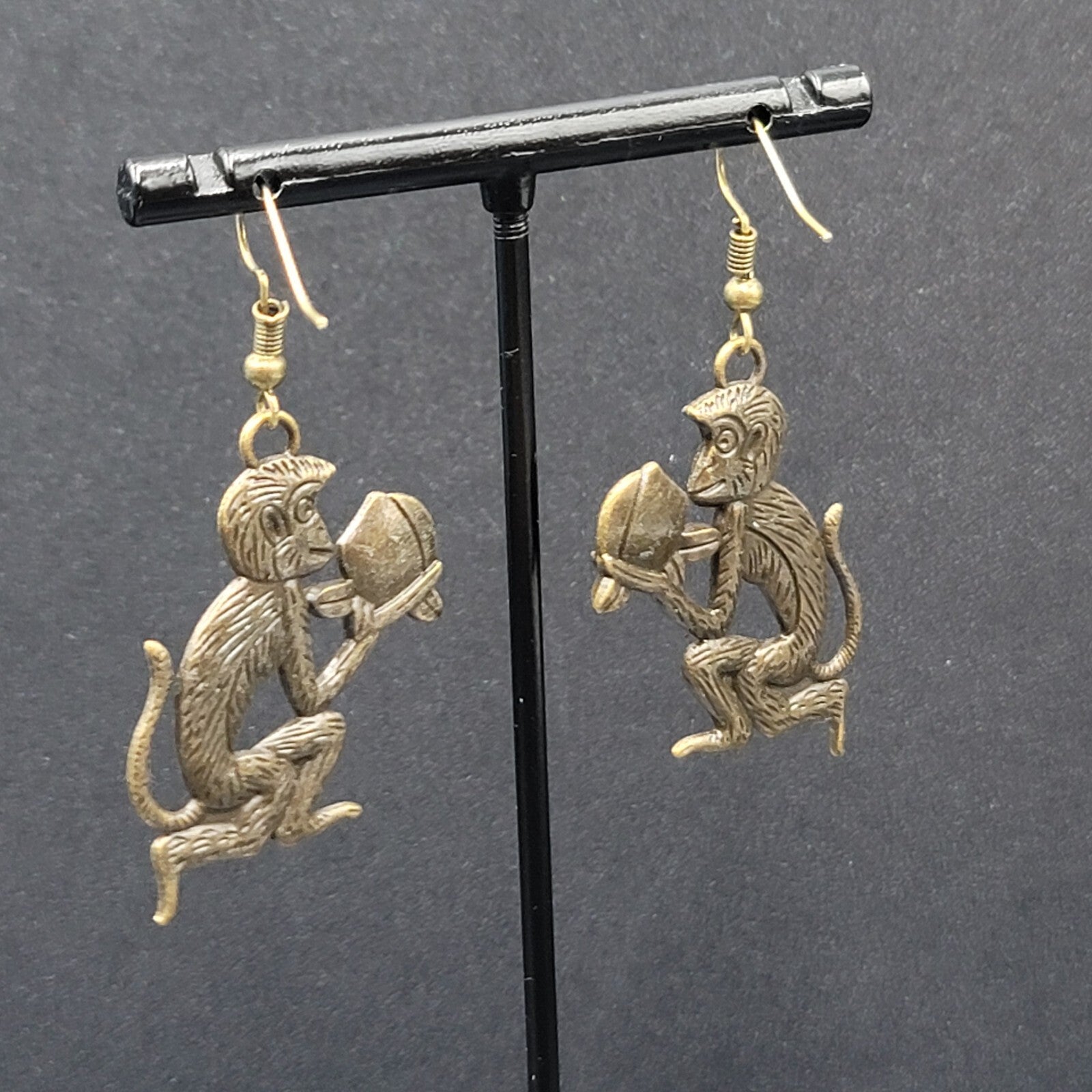 New Monkey Pierced Earrings Bronze tone Dangle 1.25"