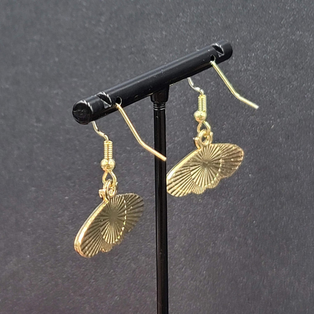 Moth Pierced Earrings Gold tone Brown Black Enamel Dangle 1/2"