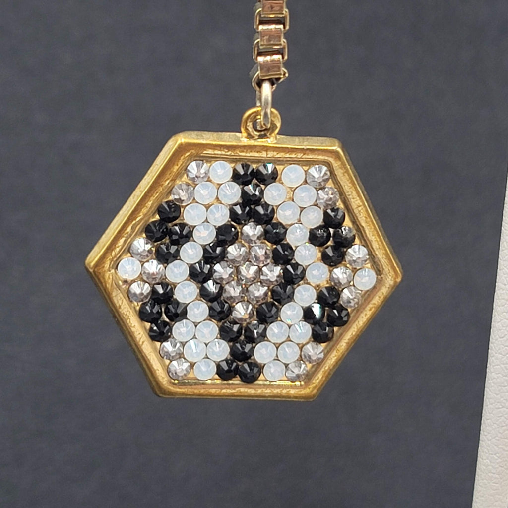 Pierced Earrings Gold Plated Rhinestone Studded Hexagon Dangle Chain Signed 