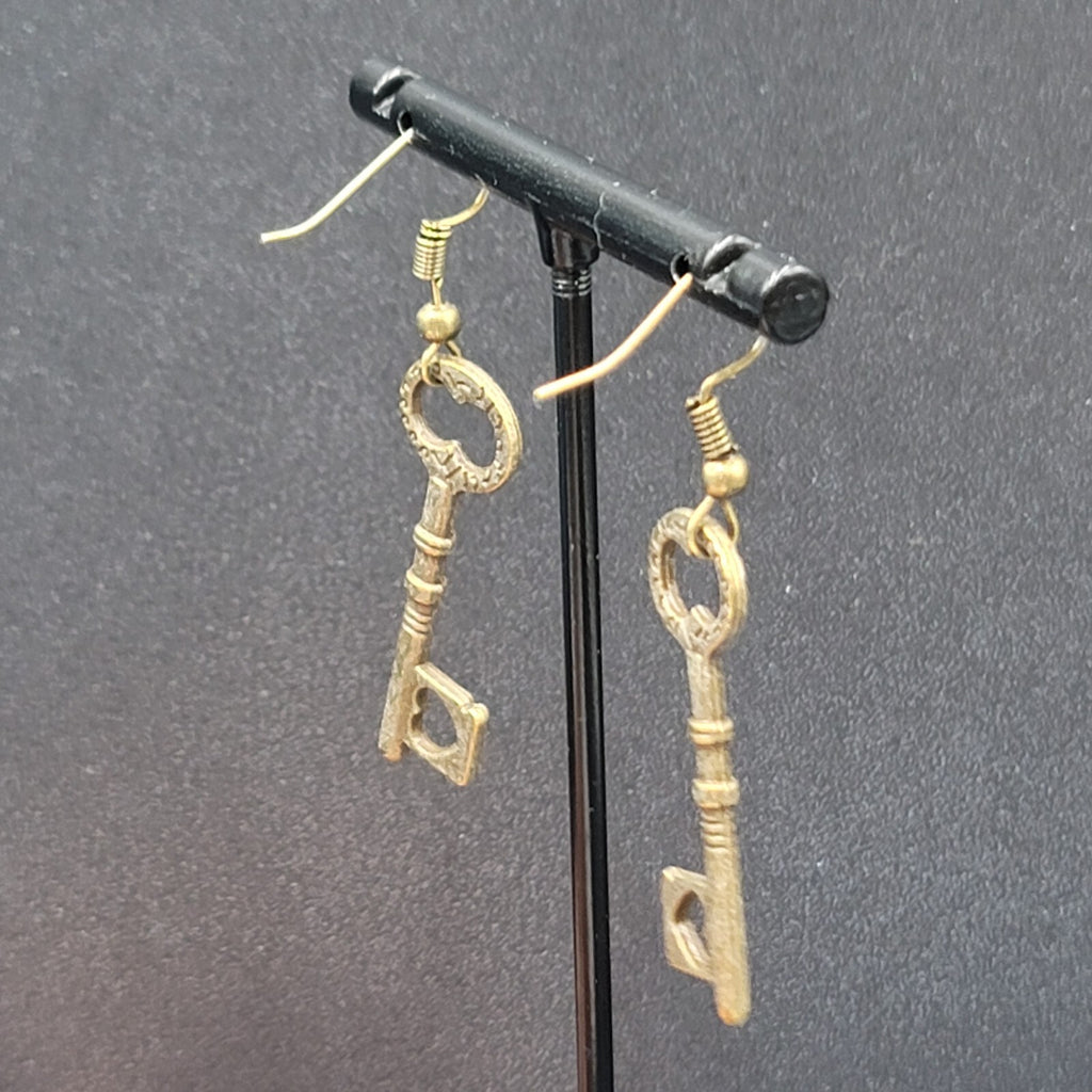 New Heart Skeleton Key Pierced Earrings Bronze tone Dangle 1 3/8"