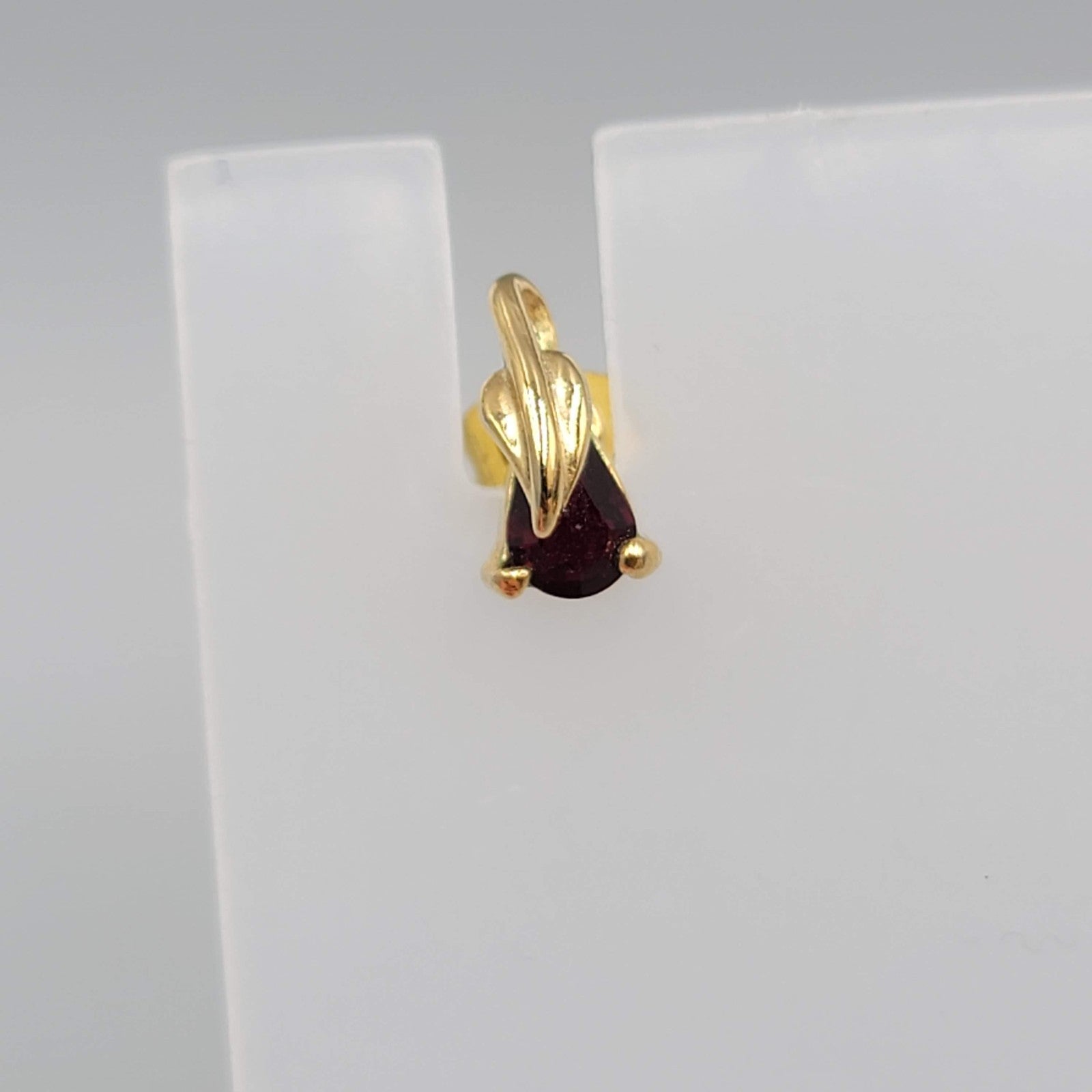 Stud Pierced Earrings Gold Plated Dark Red Stone 3/8"