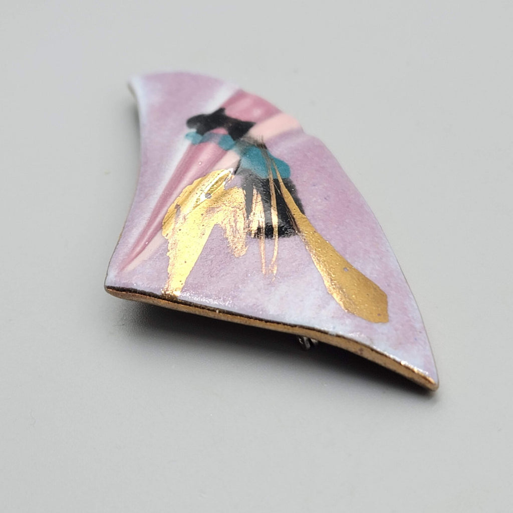 Ceramic Triangle Brooch Hand Painted Hand Made Artisan 3"