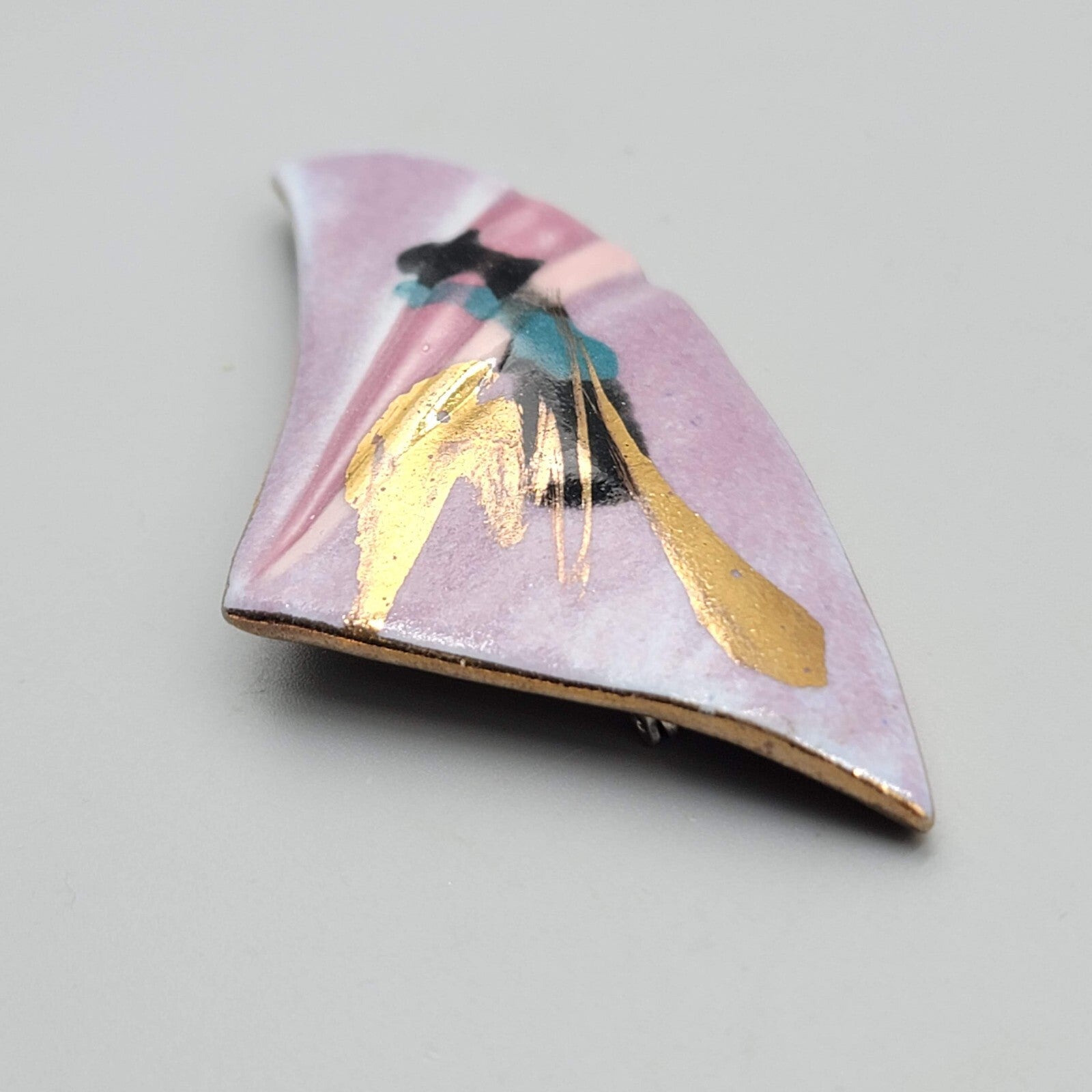 Ceramic Triangle Brooch Hand Painted Hand Made Artisan 3"