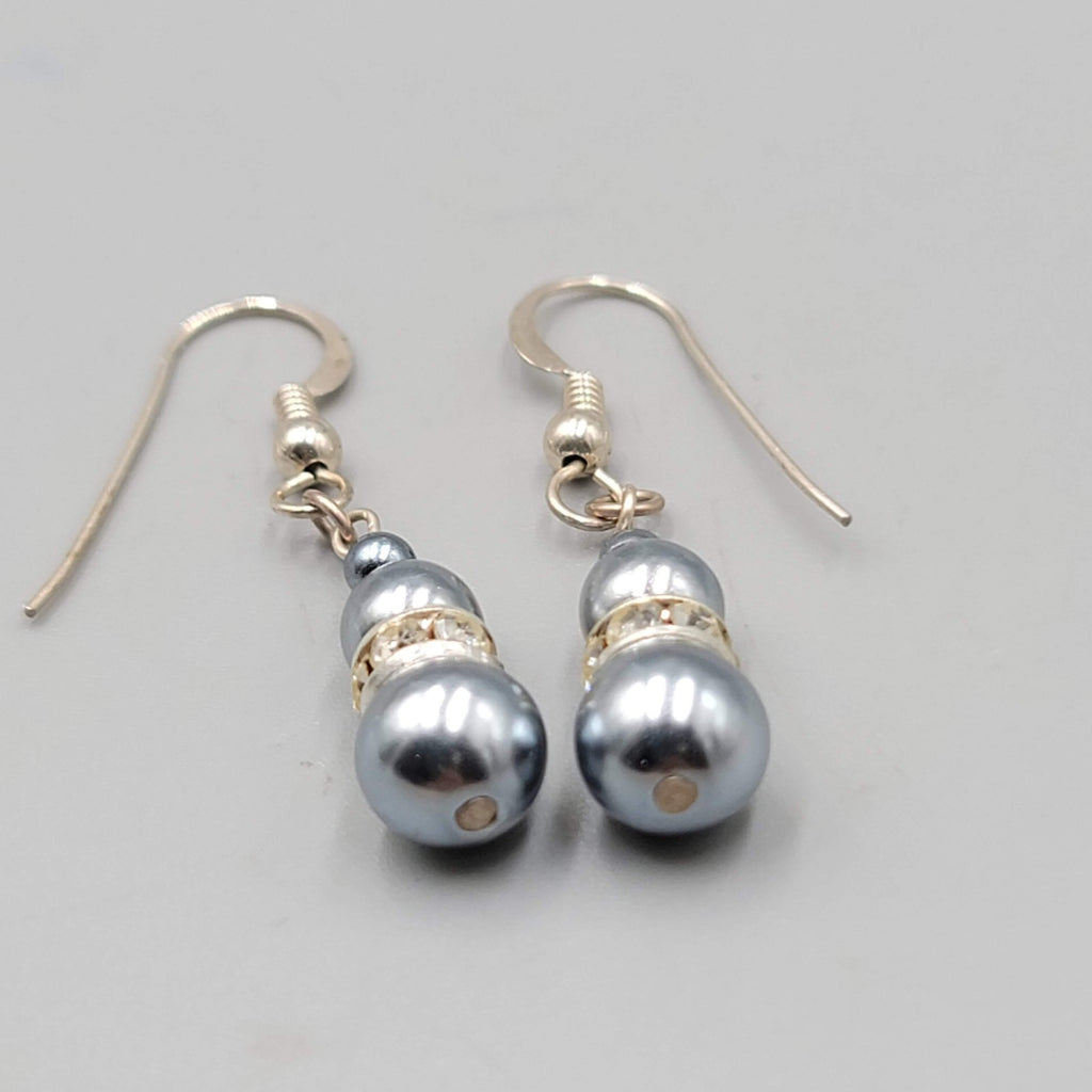 Faux Blue Pearl Bead Pierced Earrings Rhinestone Spacer Dangle 7/8"