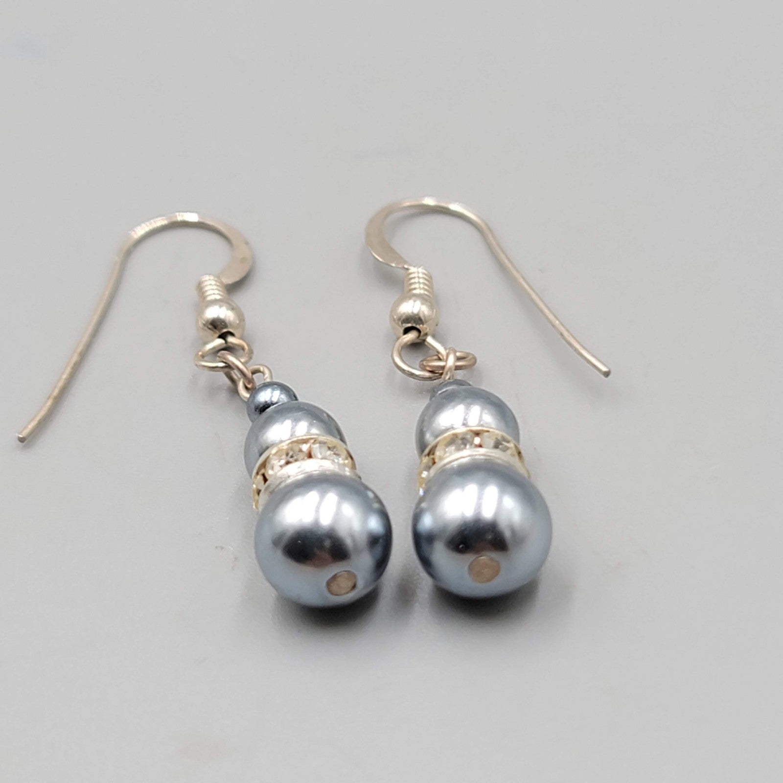Faux Blue Pearl Bead Pierced Earrings Rhinestone Spacer Dangle 7/8"
