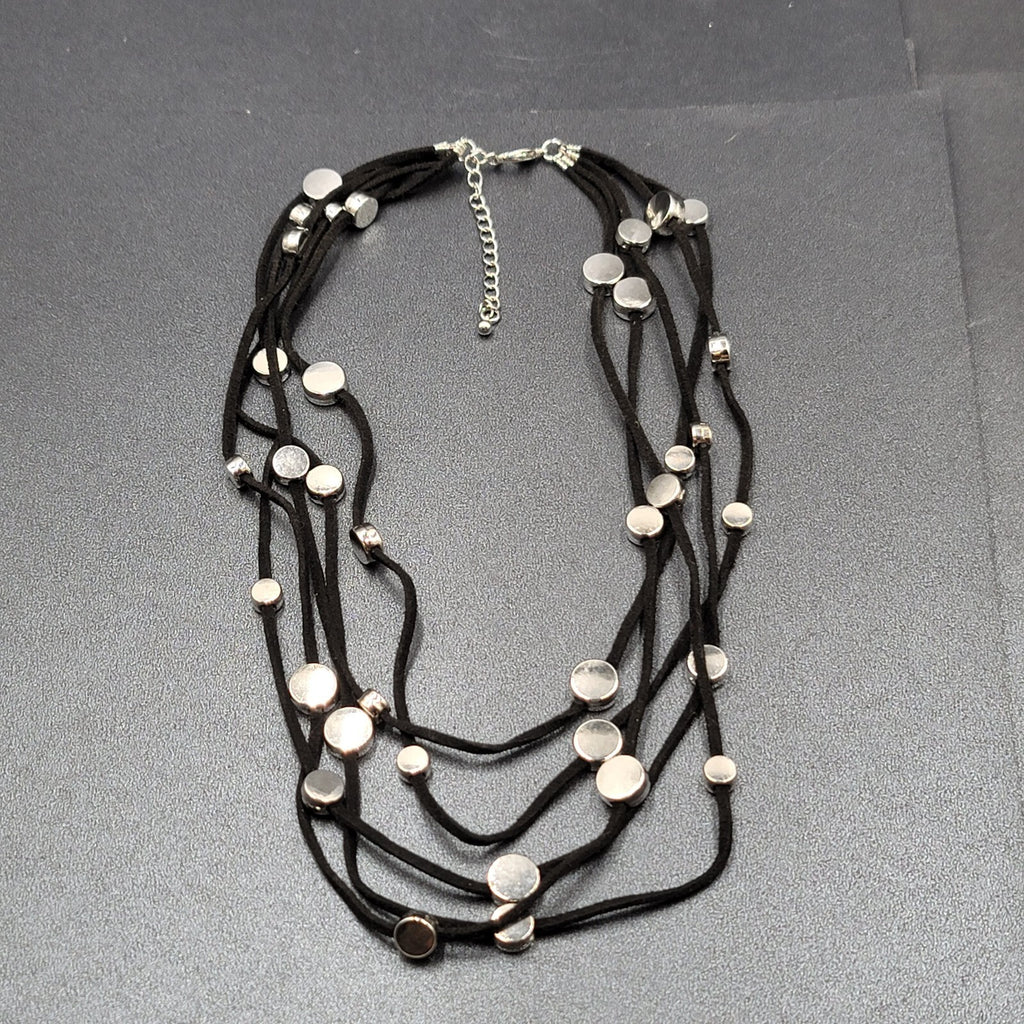 Black Cord Silver Disc Accents Necklace Layered 5 Multi Strand 18"-21"
