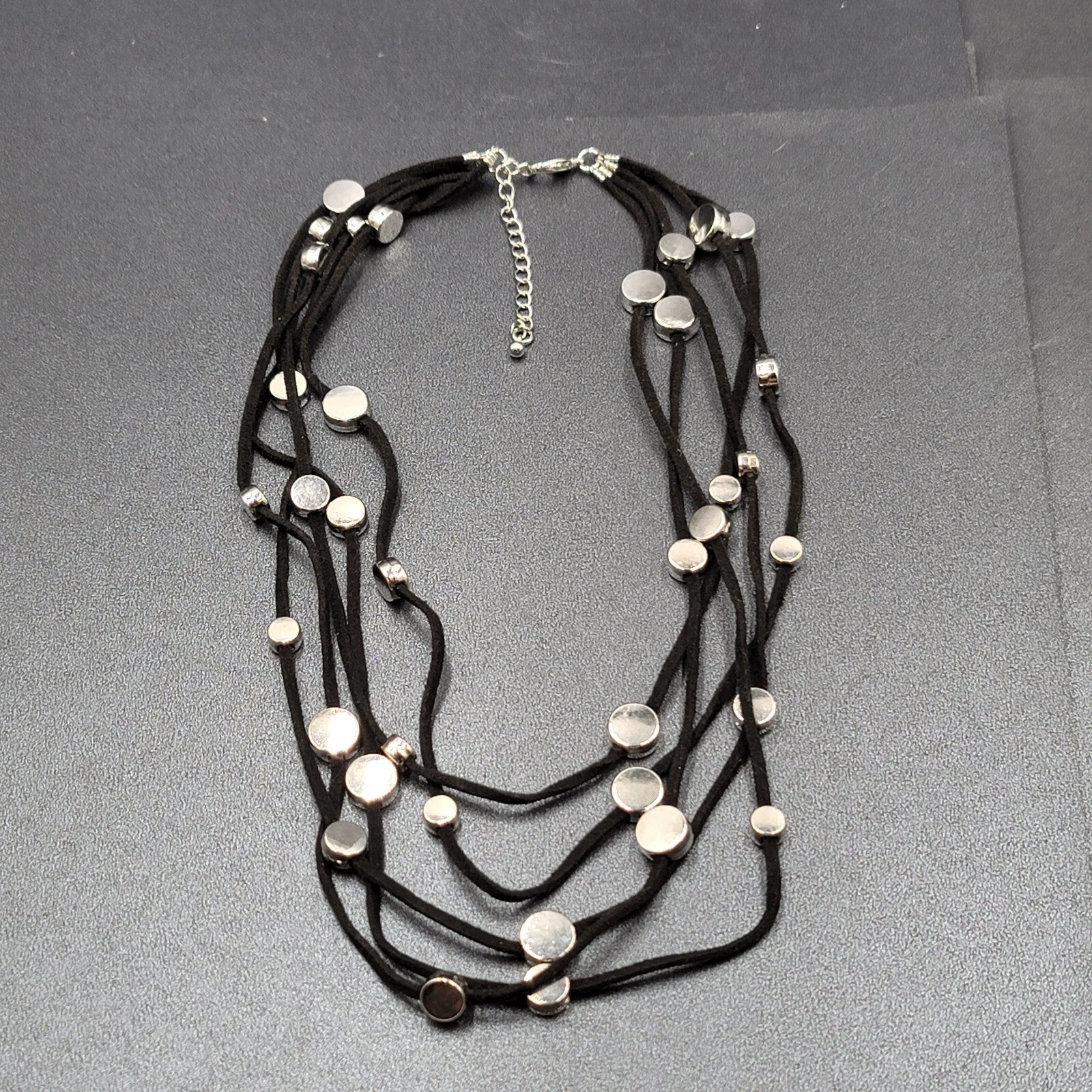 Black Cord Silver Disc Accents Necklace Layered 5 Multi Strand 18"-21"