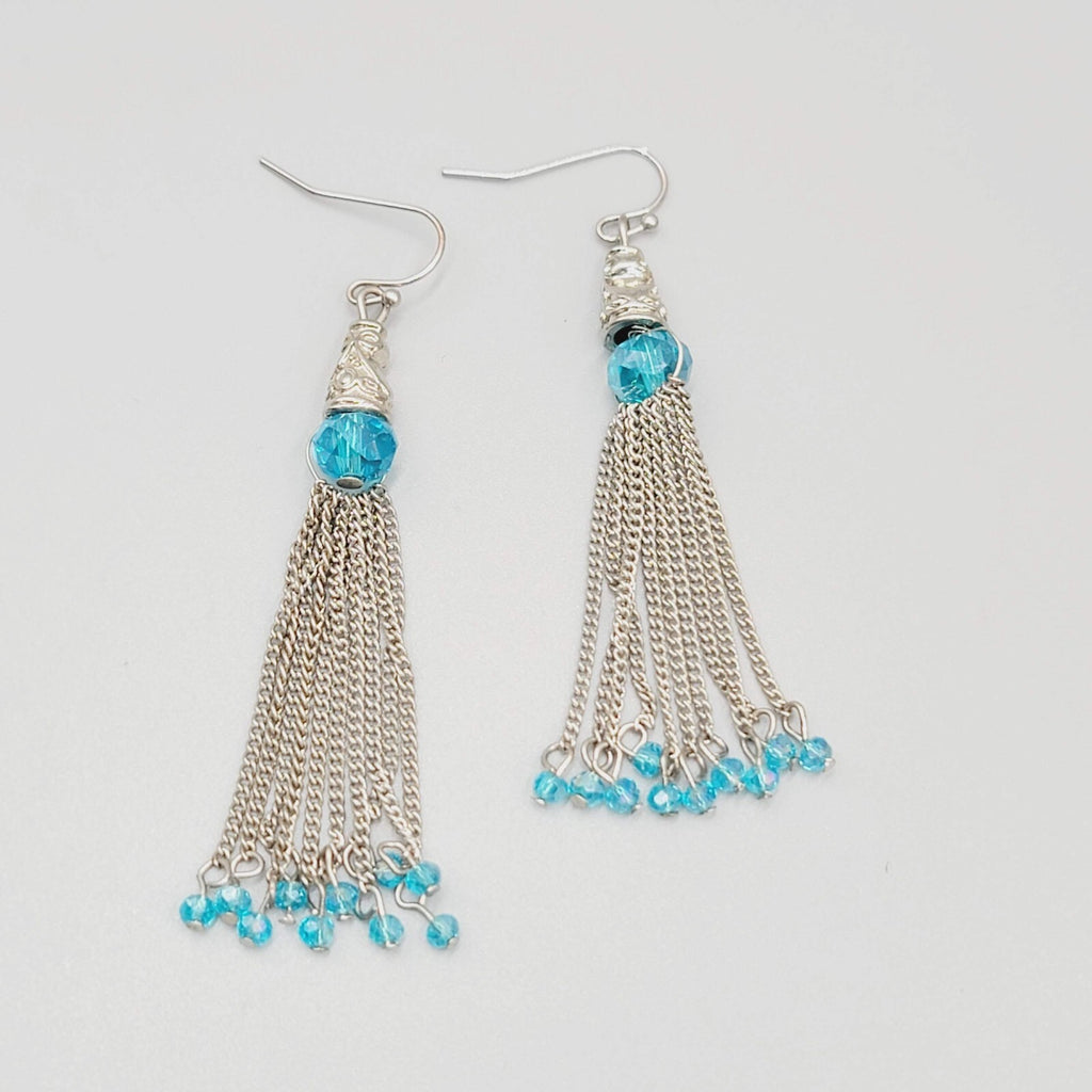Dangle Chains Pierced Earrings Blue Crystal Beads Tassel 2.5"