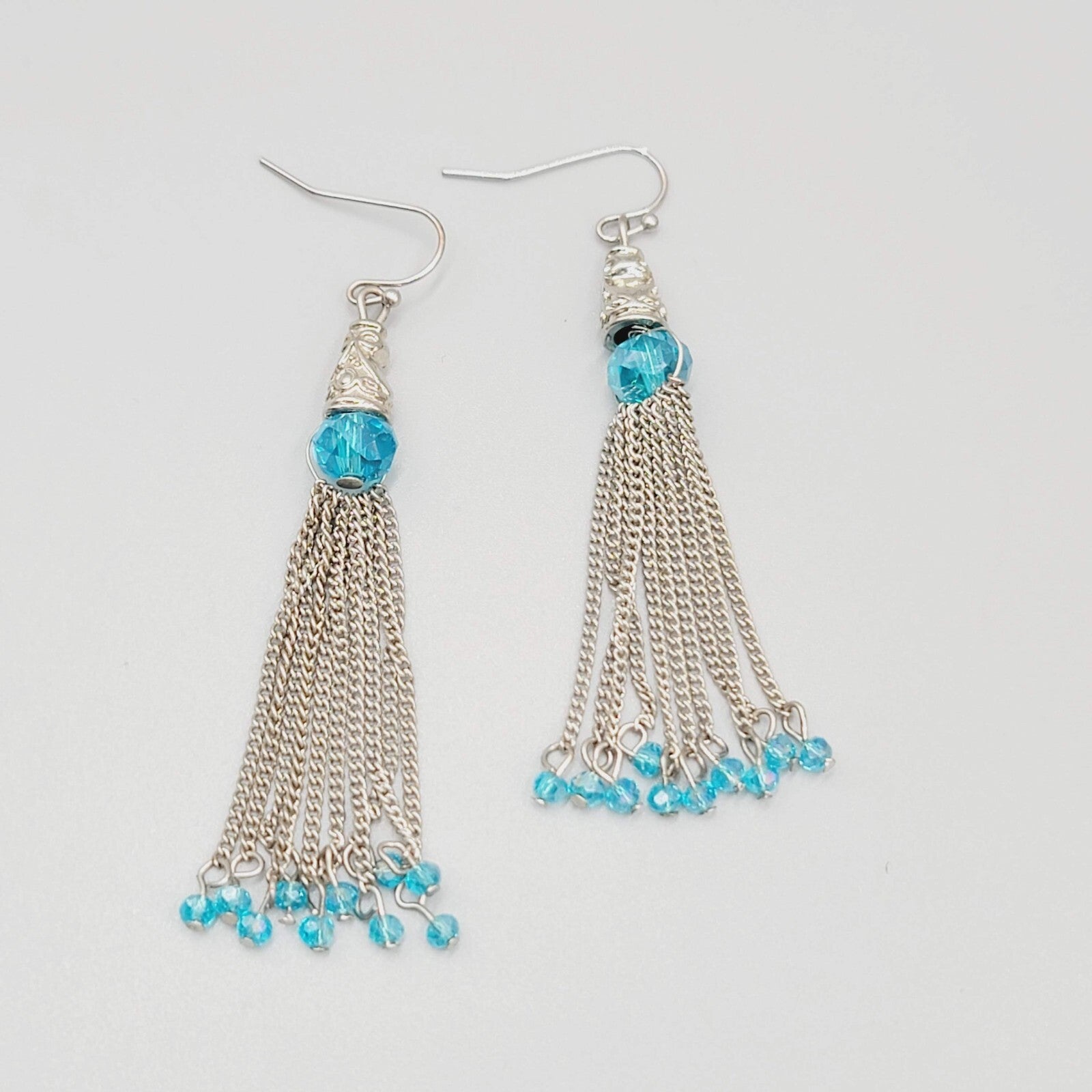 Dangle Chains Pierced Earrings Blue Crystal Beads Tassel 2.5"