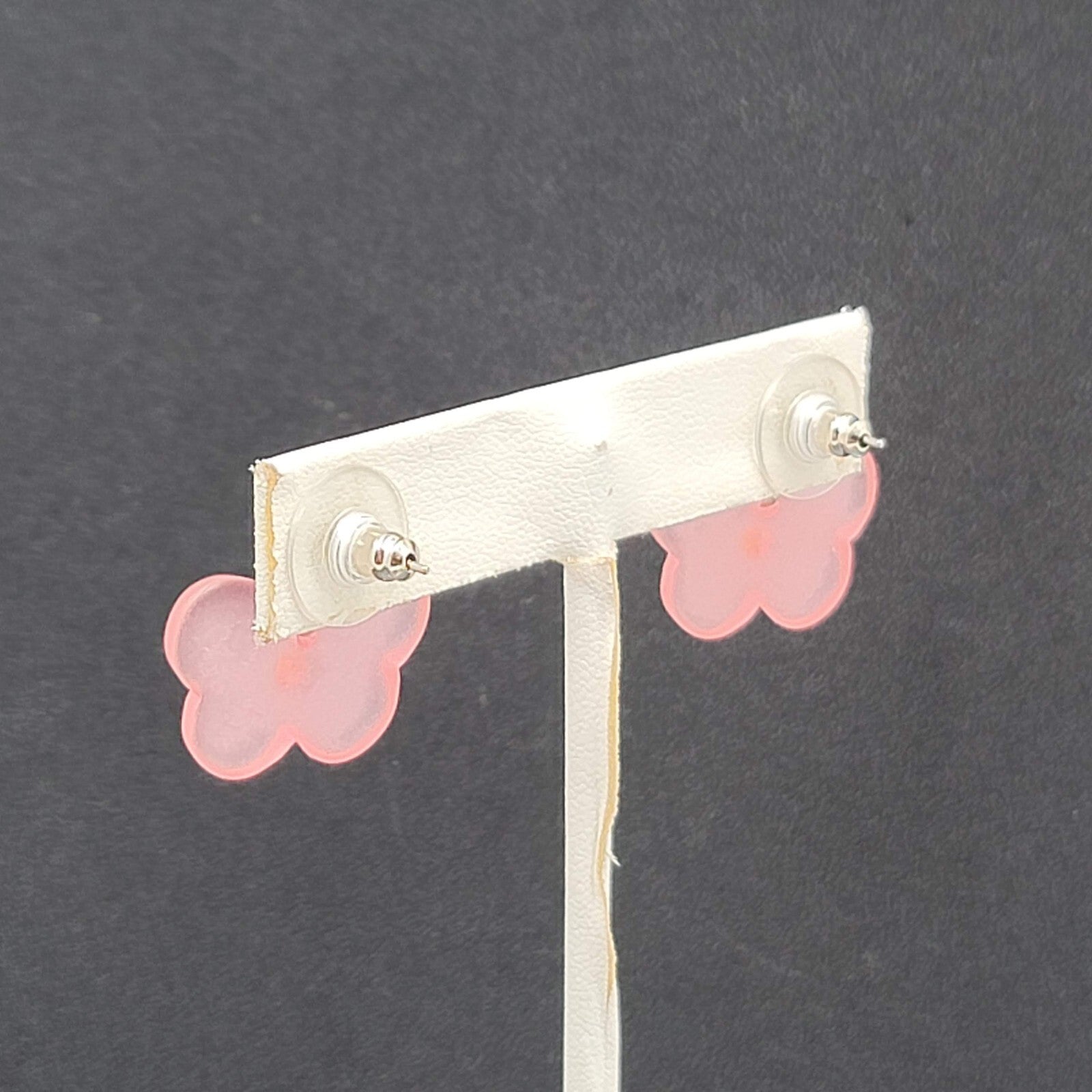 Butterfly Pierced Earrings Silver tone Pink Acrylic Bead Dangle 3/4"