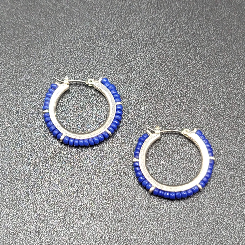 Pierced Earrings Silver tone Blue Seed Bead Hoops 1"