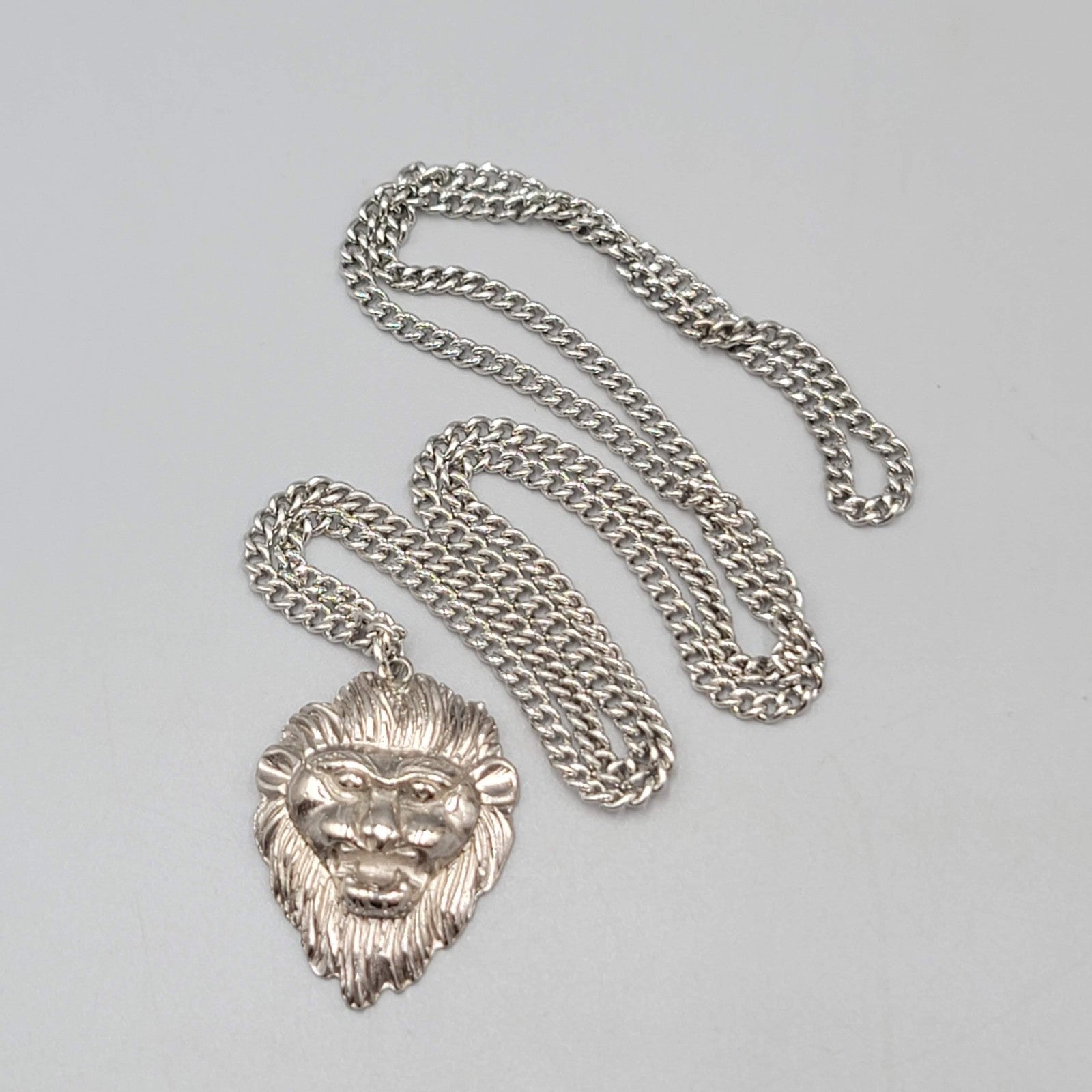Lion Head Pendant Necklace Silver Tone 24" Chain Men's Hip Hop Statement Jewelry