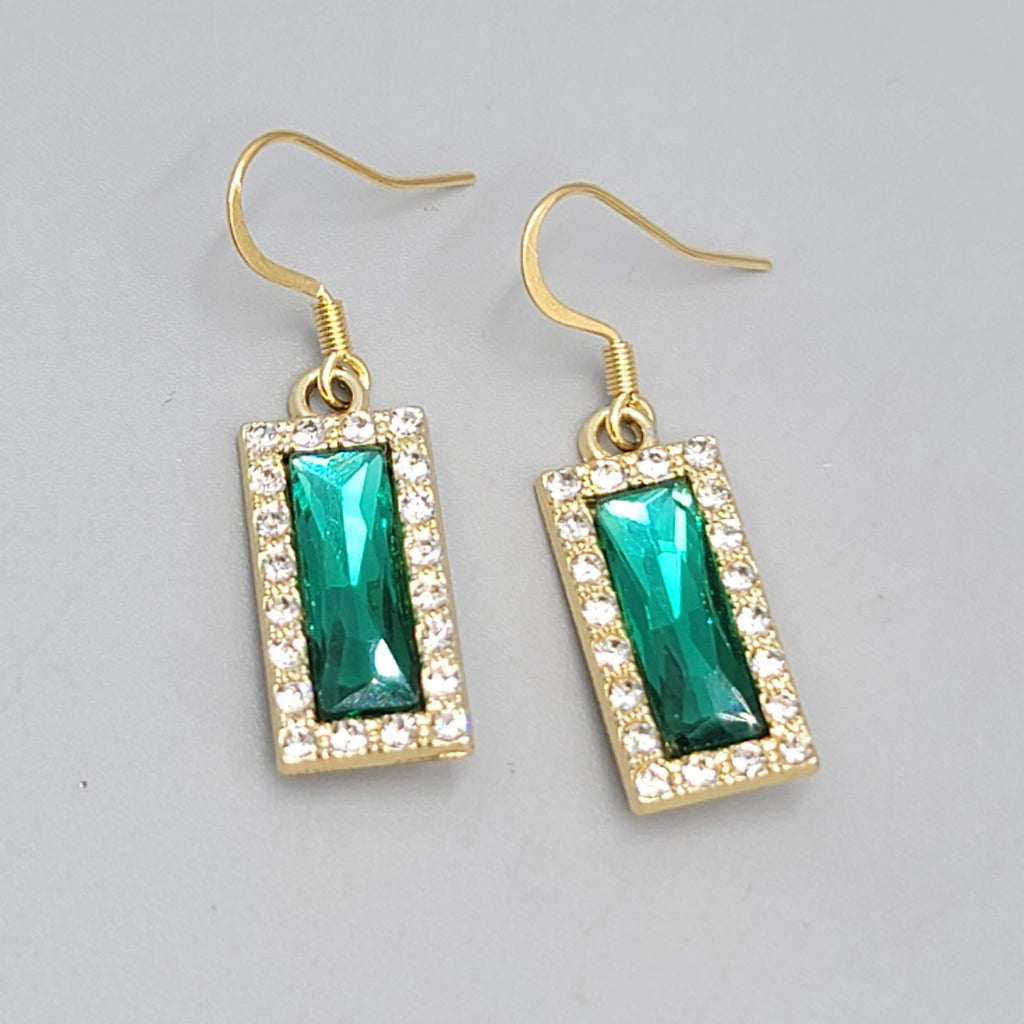 Green Rhinestone Rectangle Pierced Earrings Gold tone Dangle 7/8"