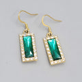 Green Rhinestone Rectangle Pierced Earrings Gold tone Dangle 7/8"