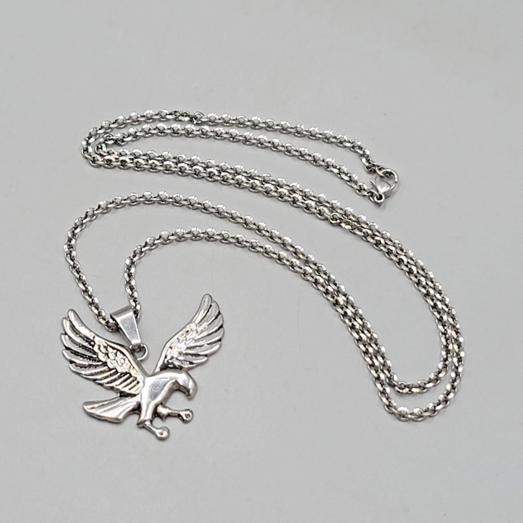 Mens Eagle Pendant Necklace Silver tone Rolo Chain 24 in
