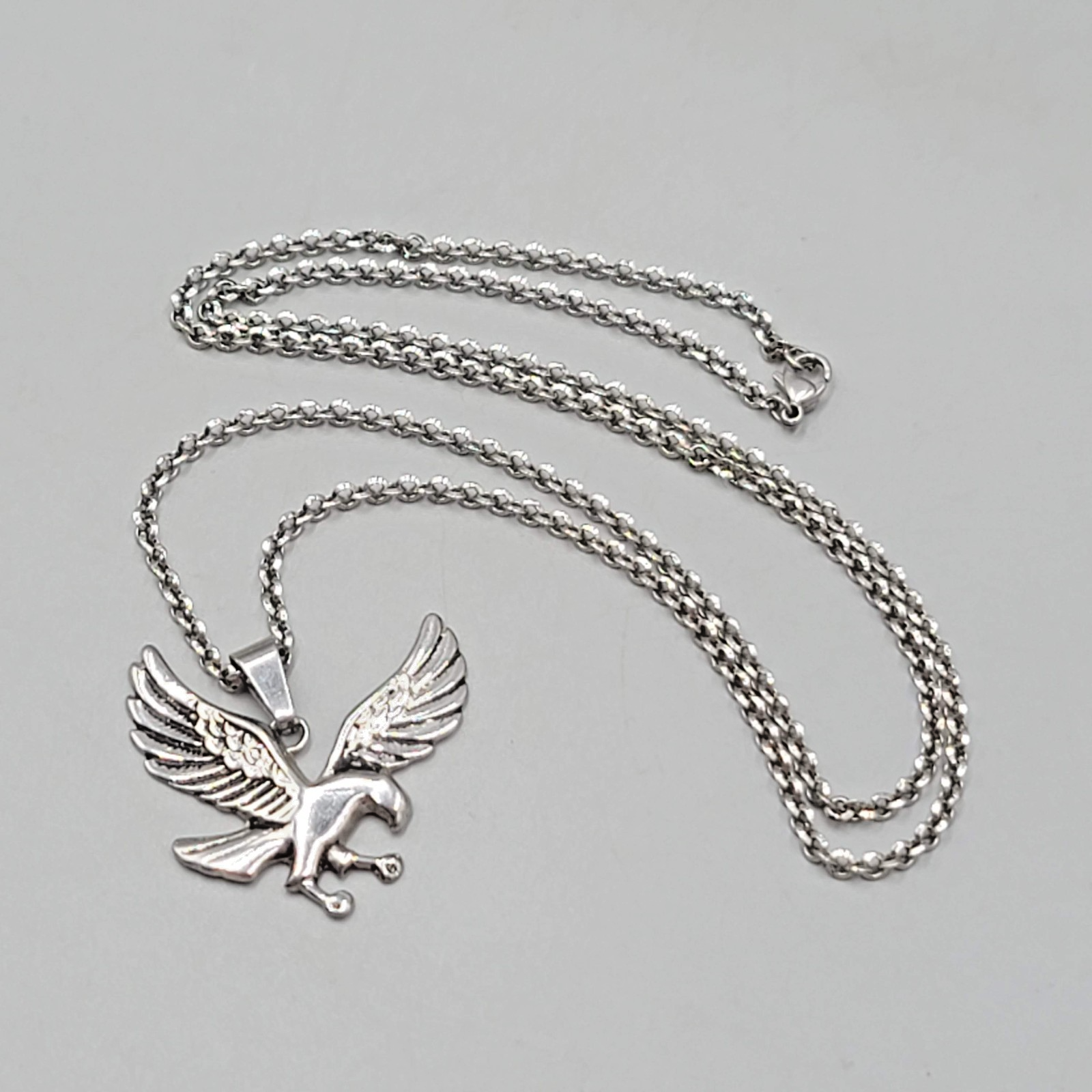 Mens Eagle Pendant Necklace Silver tone Rolo Chain 24 in