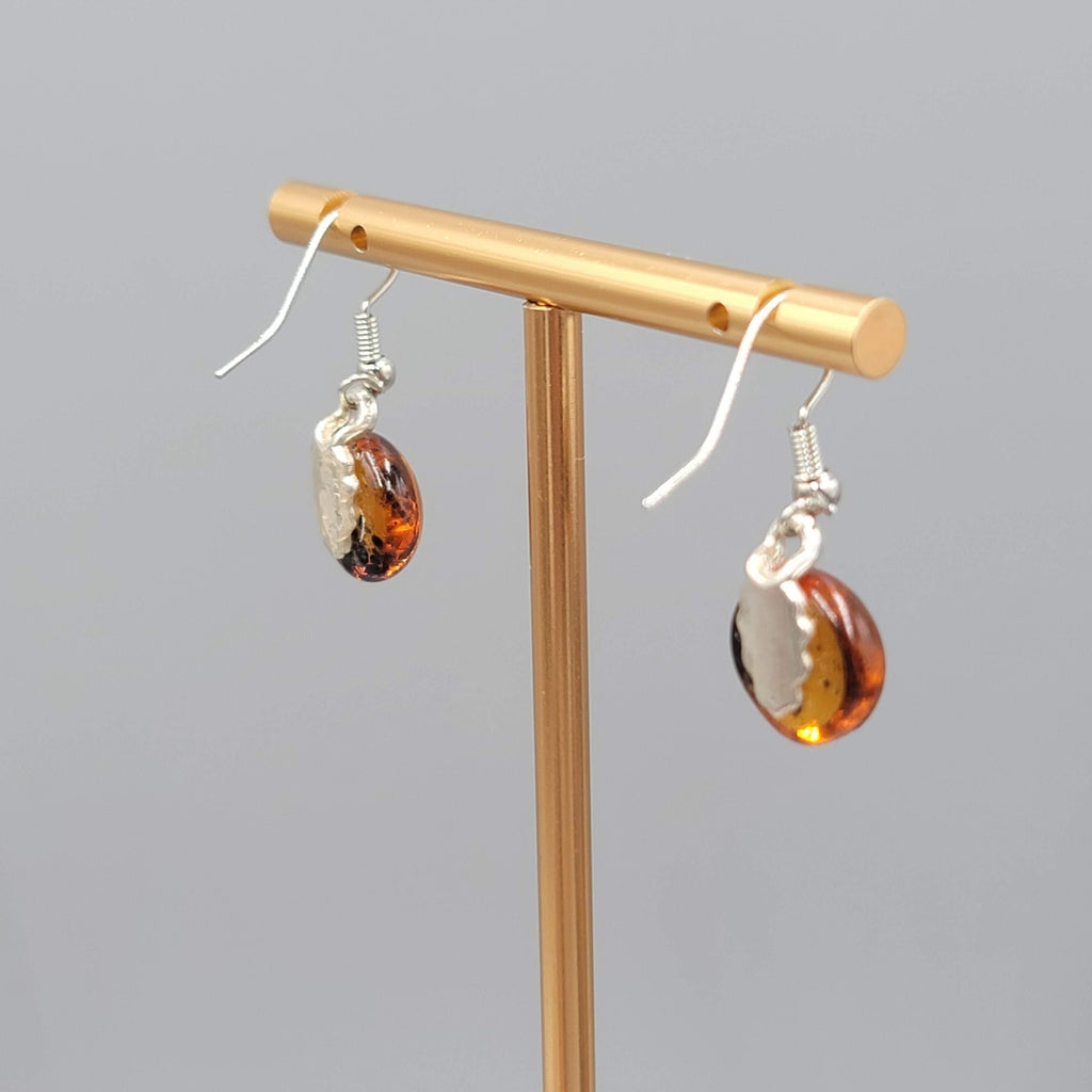 Round Brown Glass Pierced Earrings Silver tone Dainty Dangle 1/2"