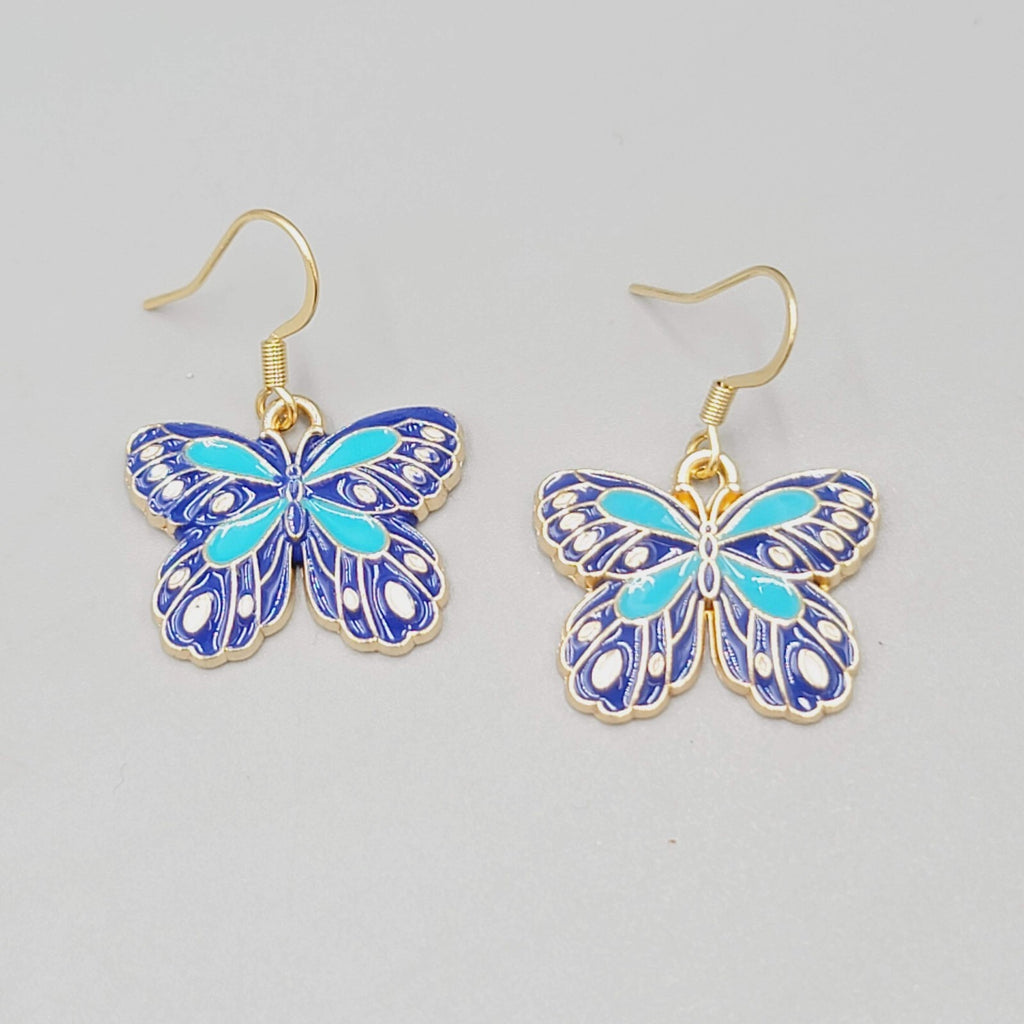 Blue Moth Enamel Pierced Earrings Gold tone Dangle Butterfly 3/4"