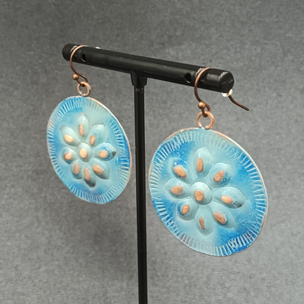 Pierced Earrings Copper tone Blue Enamel Flower Embossed Discs Dangle Boho 1.25"