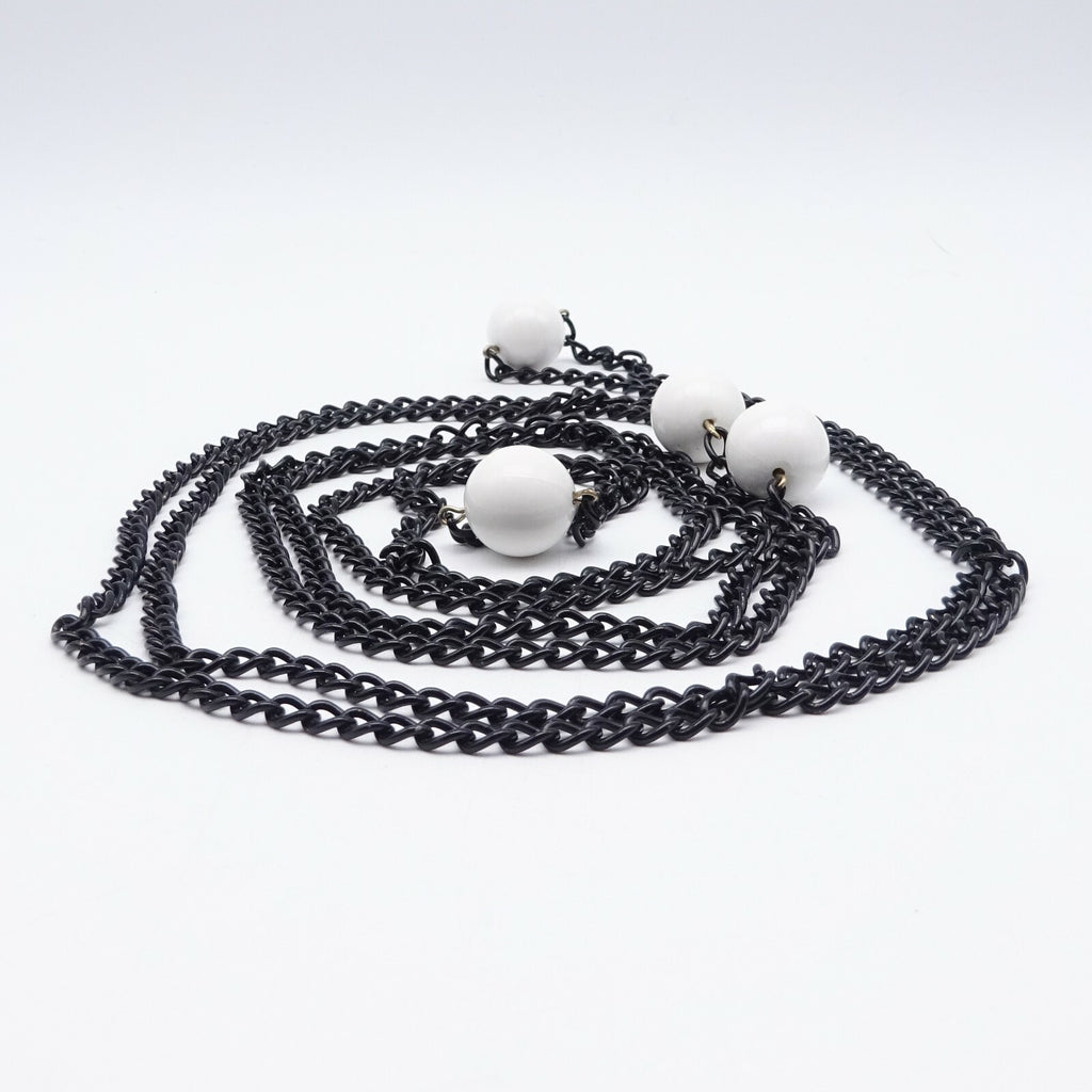 Vintage Black Chain & White Bead LONG Necklace Estate Costume Jewelry 88"