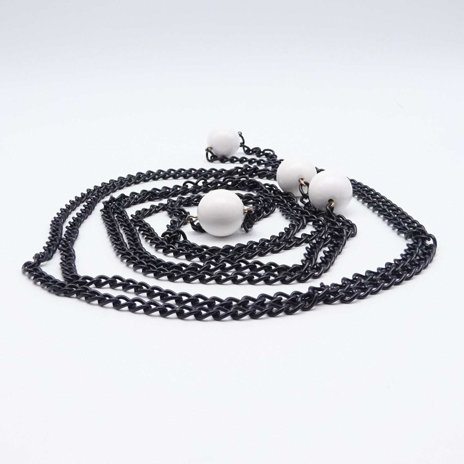 Vintage Black Chain & White Bead LONG Necklace Estate Costume Jewelry 88"