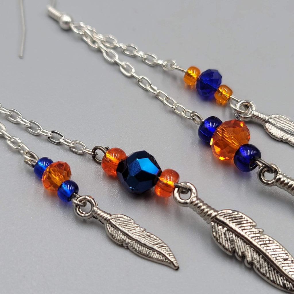 Dangle Pierced Earrings Silvertone Bead Chain Feather Accent 3.25" Denver Bronco
