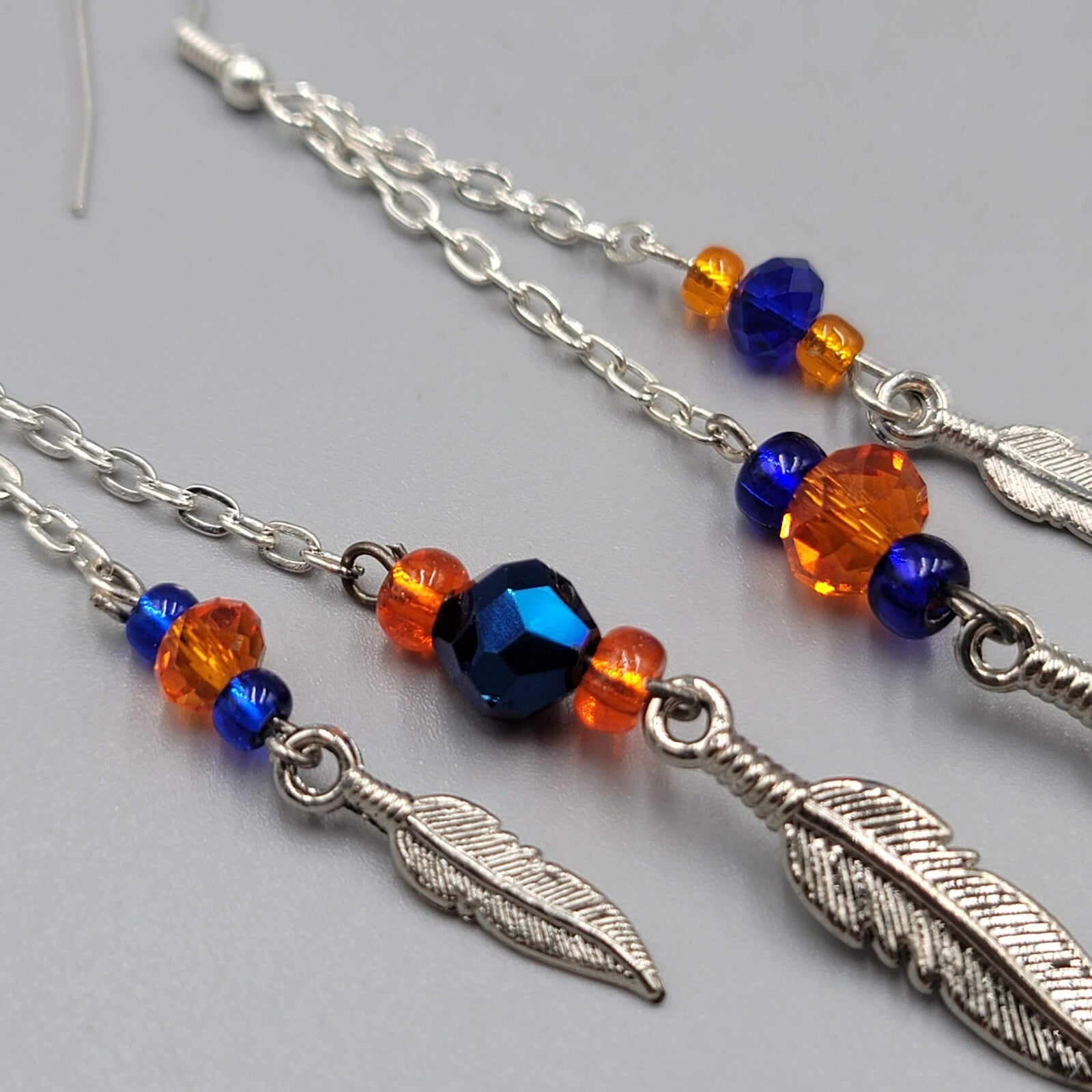 Dangle Pierced Earrings Silvertone Bead Chain Feather Accent 3.25" Denver Bronco