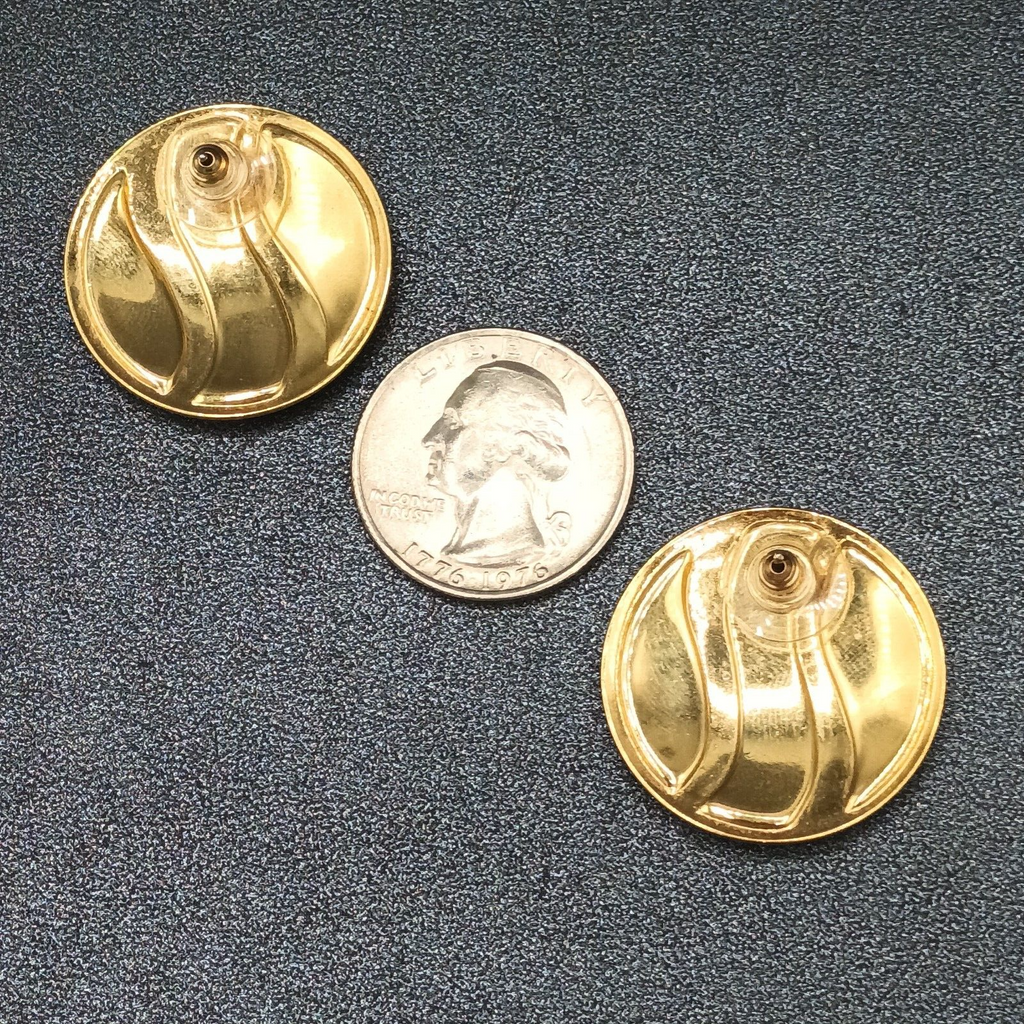 Vintage Pierced Earrings Polished Gold tone Blue Glitter Enamel Drop 1 1/8"