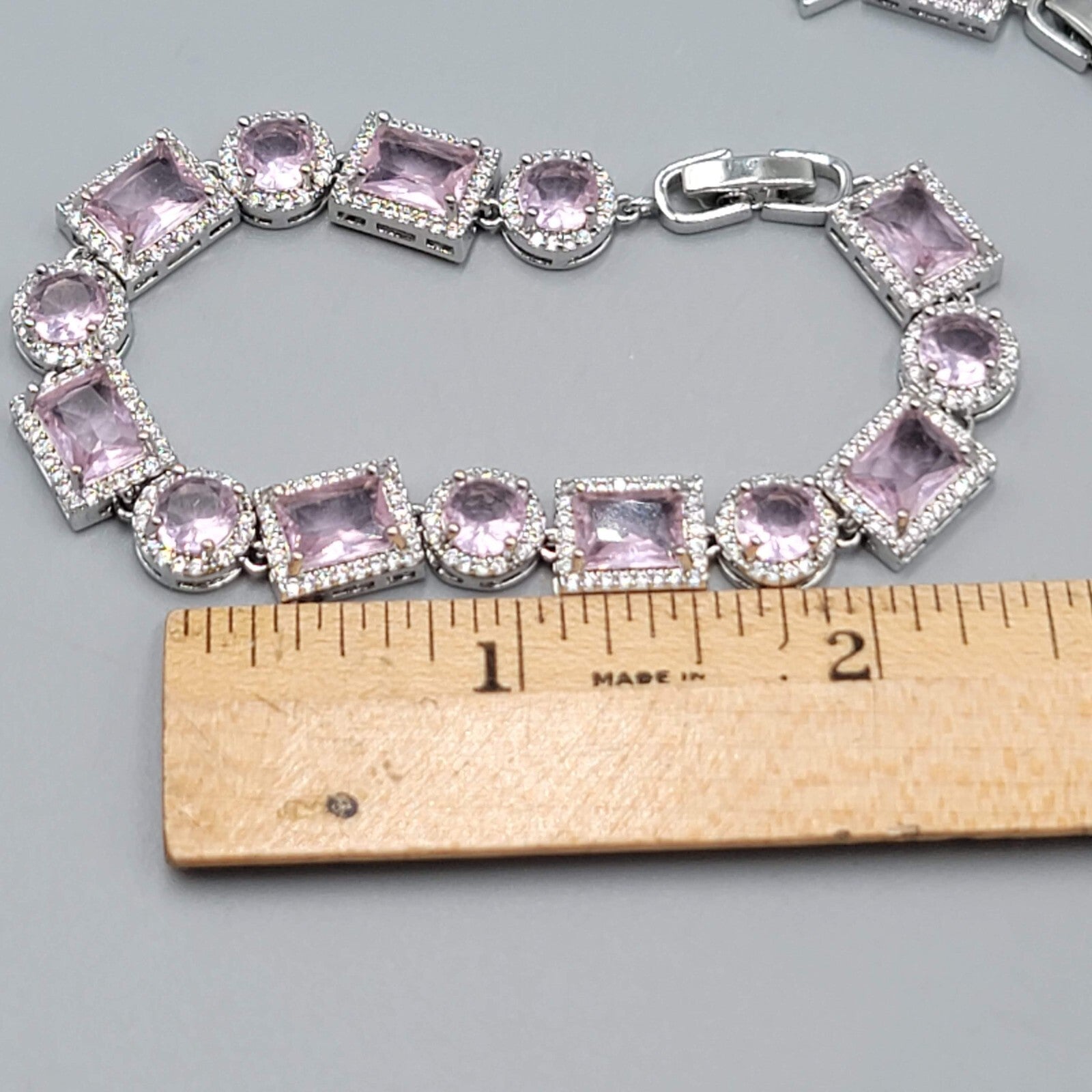 Pink Crystal Tennis Bracelet Silver Plated 1" Extender 6.5" or 7.5"