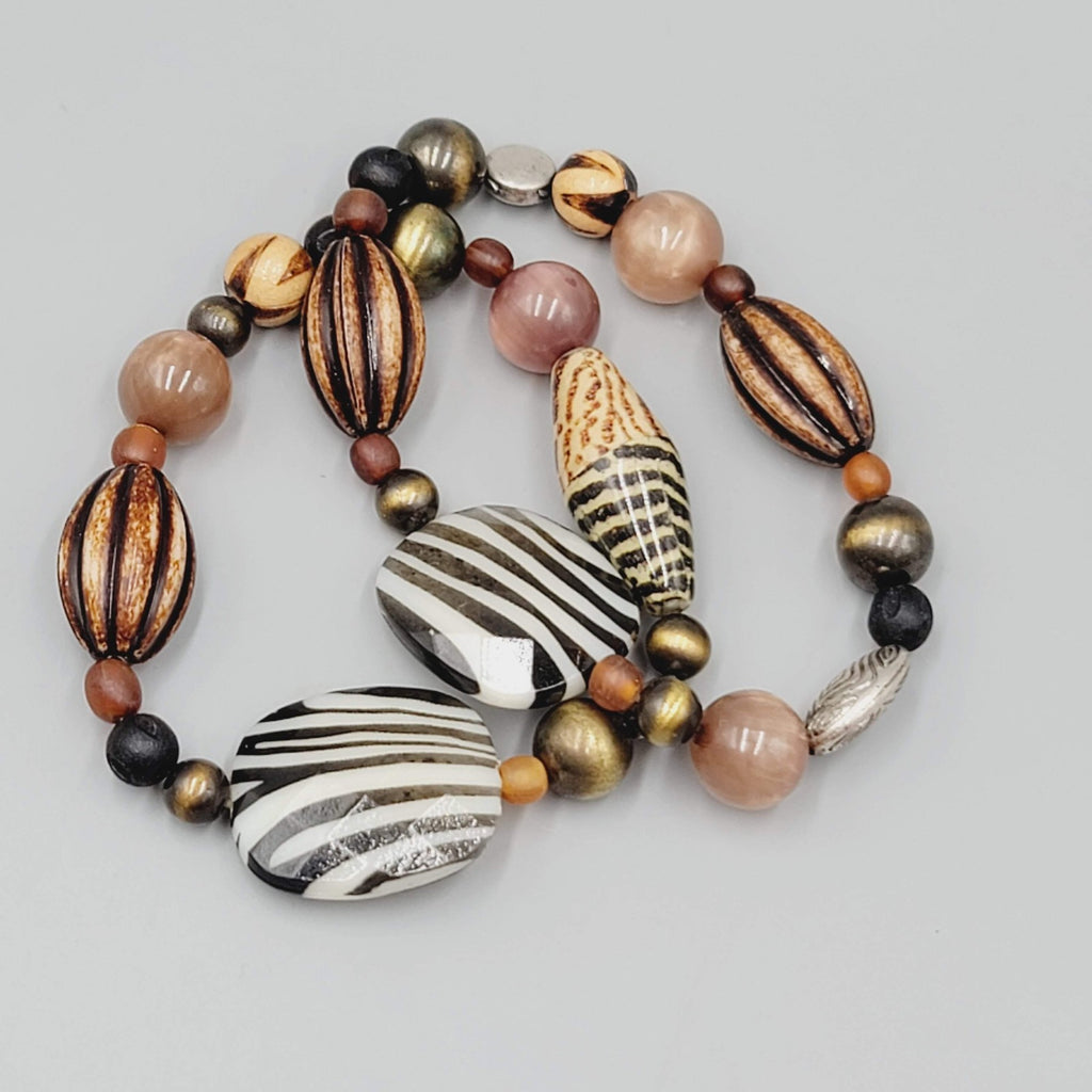 Premier Designs Beaded Stretch Bracelets Set Zebra Striped Brown Set of 2
