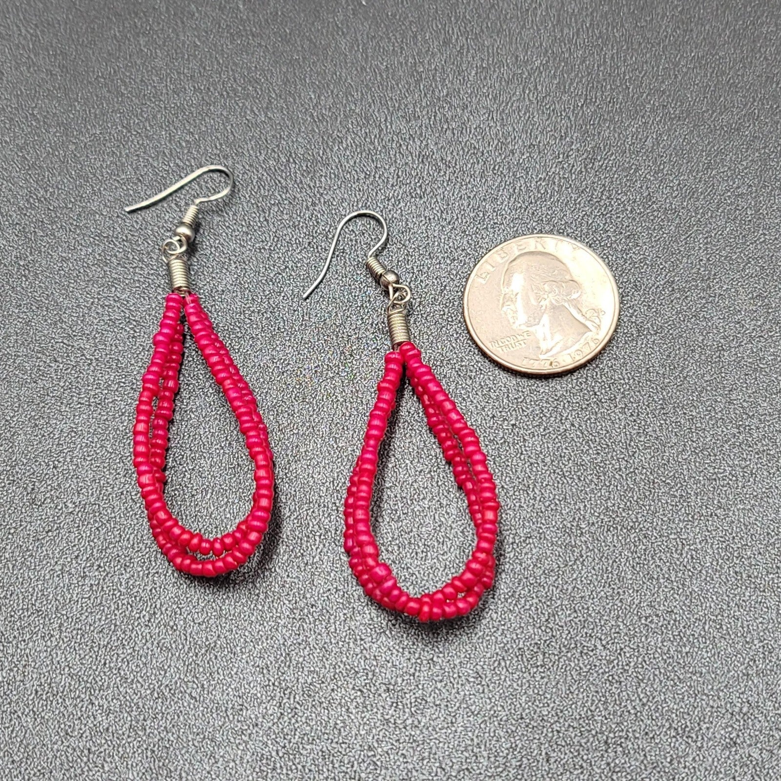 Pierced Earrings Red Seed Beaded Double Loops Dangle 2"